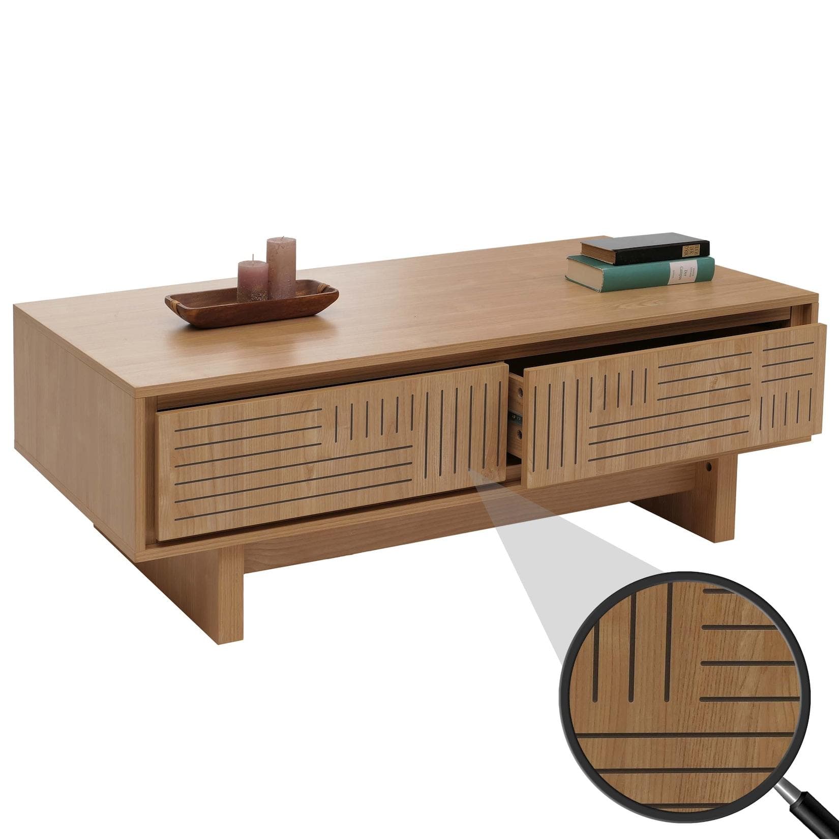Couchtisch MCW-O33 Sofatisch Wohnzimmertisch Beistelltisch 2 Schubladen 2 Fächer Melamin 40x120x60cm Ulme Natur
