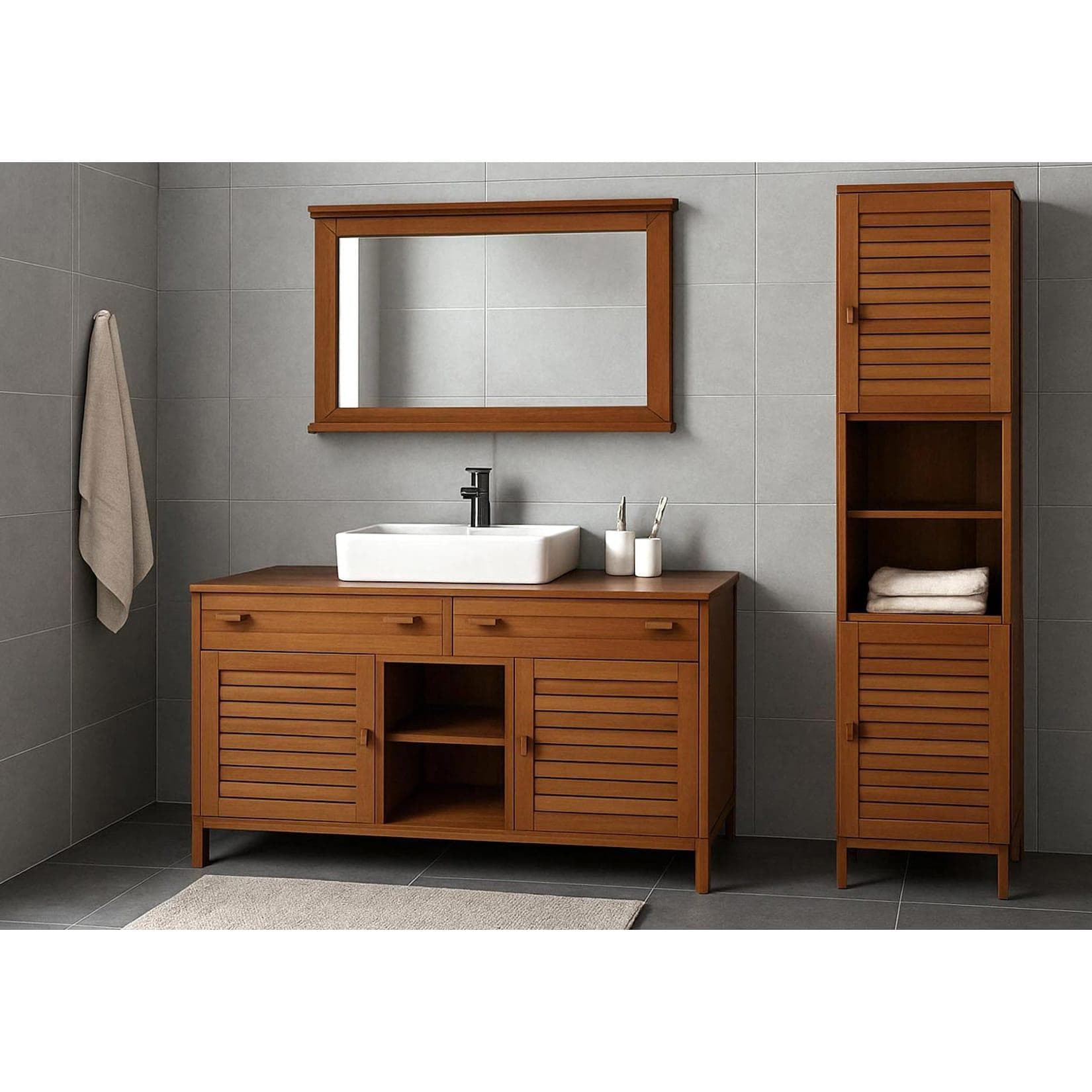 Teak-Badezimmer-Set MCW-M87 Waschtisch Hochschrank Wandspiegel