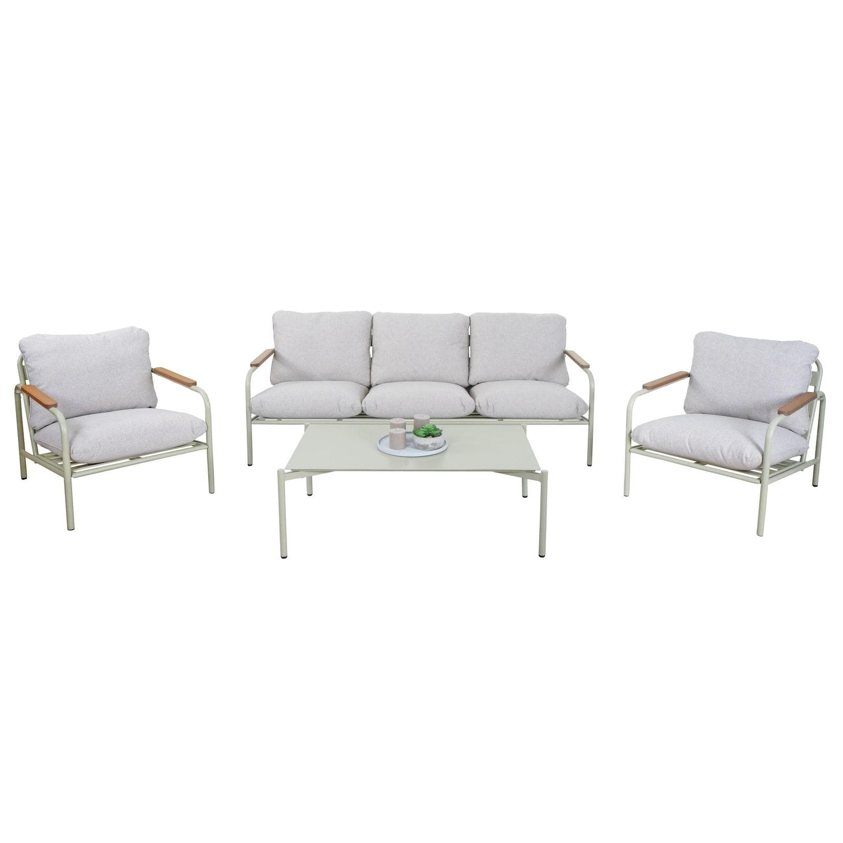 Aluminium-Gartengarnitur MCW-O11 Outdoor 3-Sitzer Sitzbank Sessel Sofa Olefin Hellgrün Polster Beige
