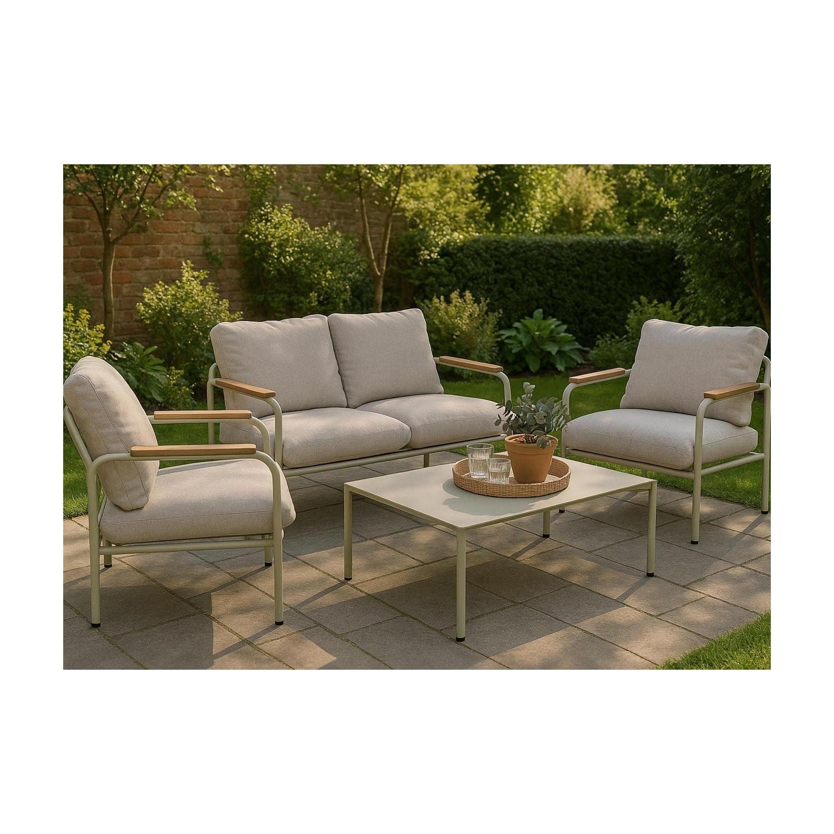 Aluminium-Gartengarnitur MCW-O11 Outdoor 2-Sitzer Sitzbank Sessel Sofa Olefin 205 g/m² Hellgrün Polster Beige