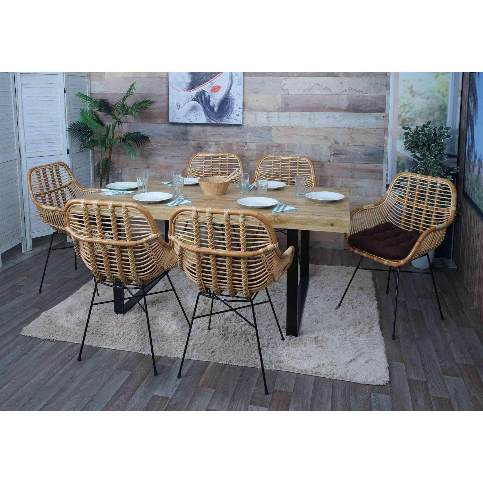 6er-Set Esszimmerstuhl MCW-P17 Kubu Rattan Metall Polster Braun