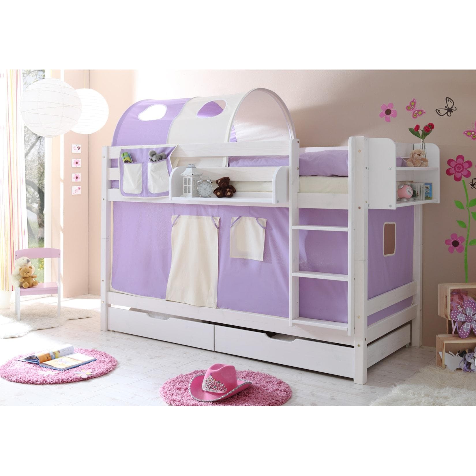 TiCAA Etagenbett Marcel Kiefer weiß Classic mit Vorhang