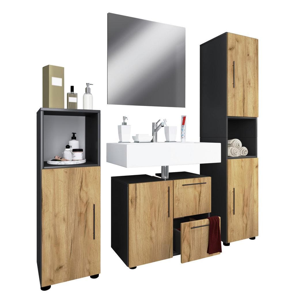 Mid.you Badezimmer Flandu Anthrazit Honigeiche Kunststoff 4-teilig 7 Fächer 2,2 Schubladen