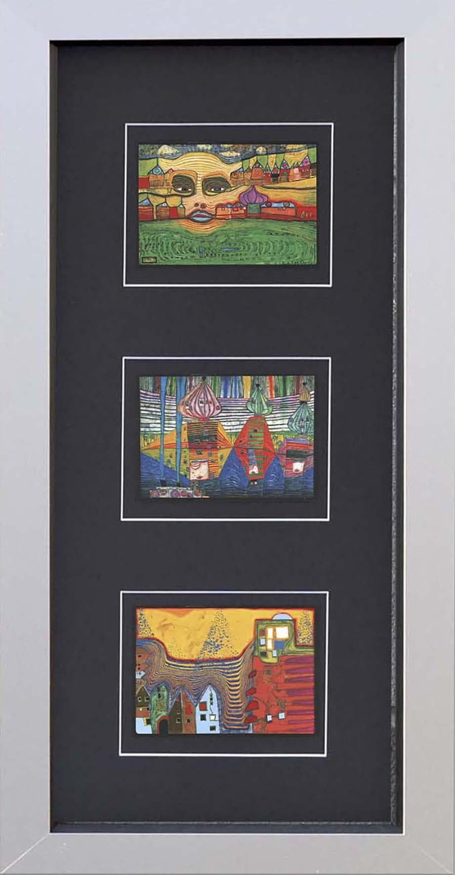 Kunstdruck HUNDERTWASSER Schwarz Bunt Gerahmt