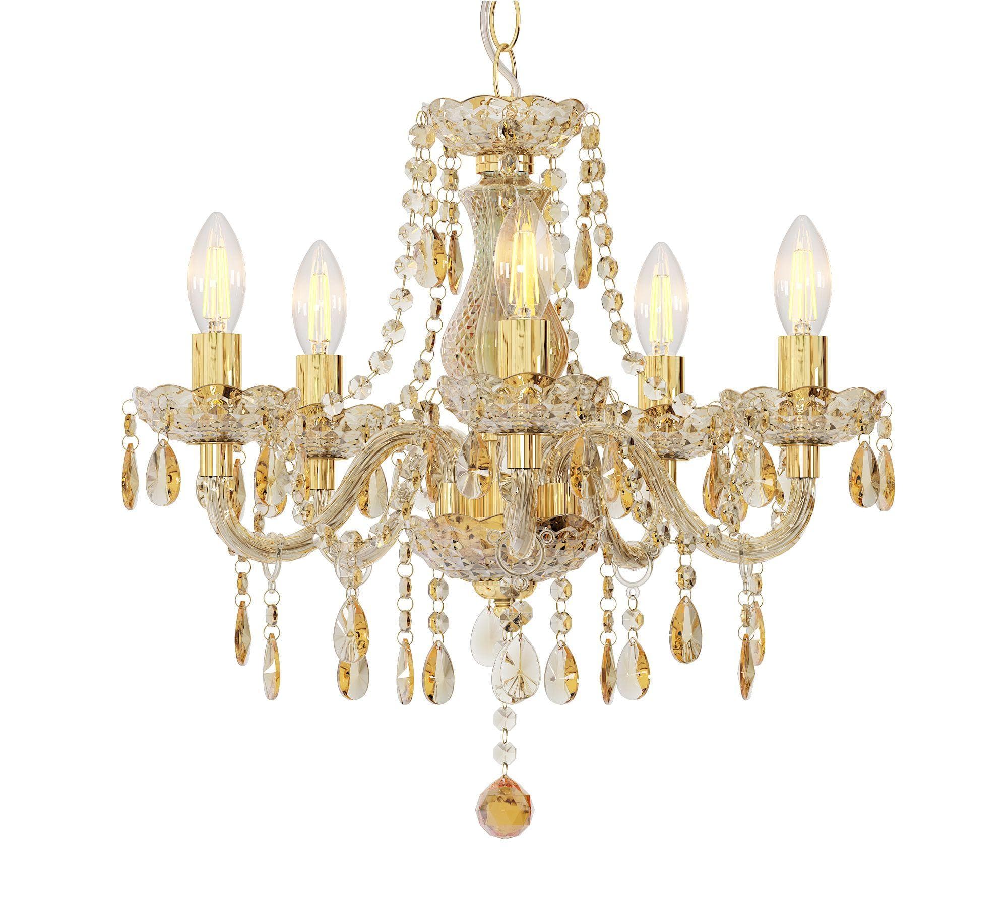 NOWA Kronleuchter MARIE: Goldener 5-Flammiger Acrylkristall-Deckenleuchter
