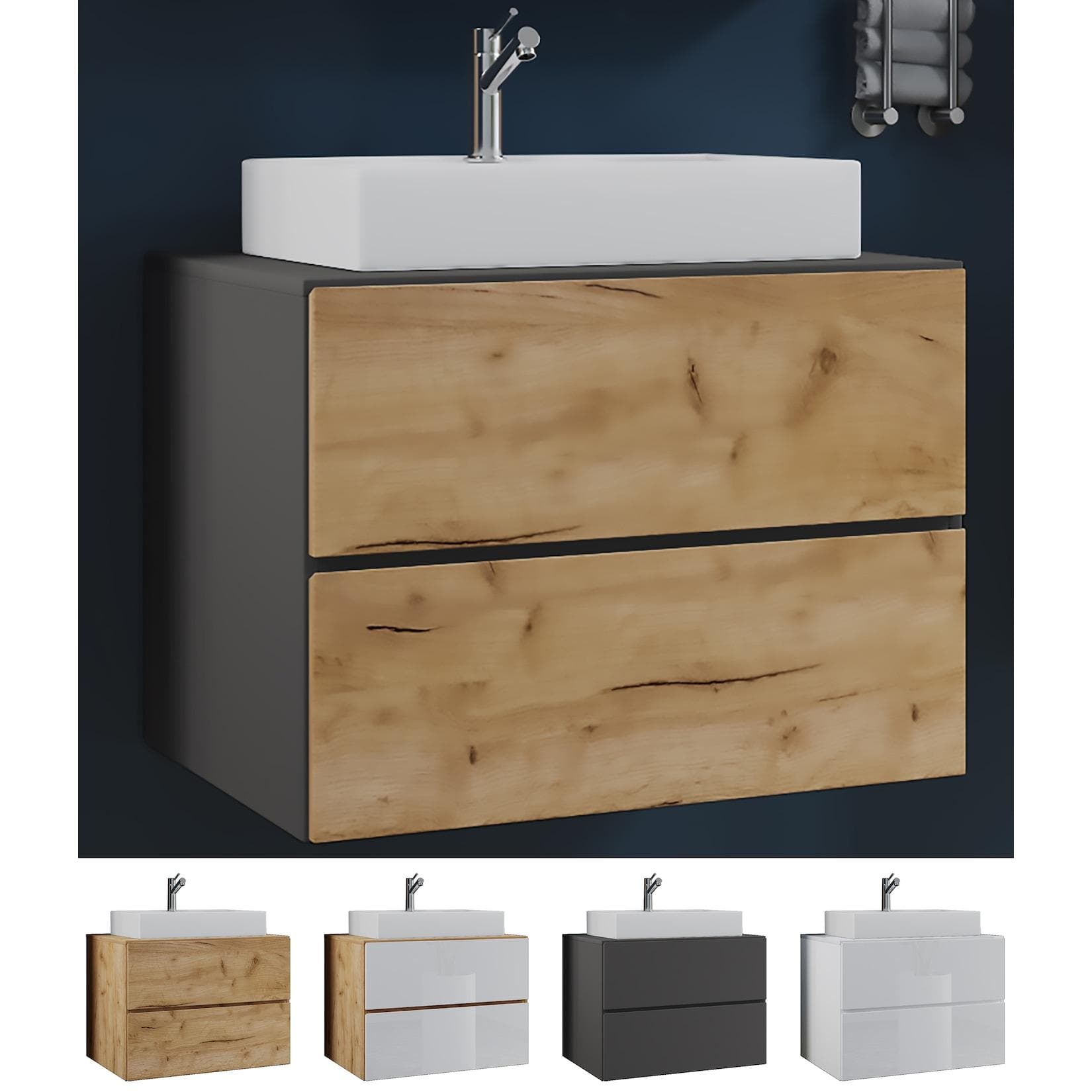 VCM Waschplatz Waschtisch Waschbecken Unterschrank 60 cm Badmöbel Set mit Schubladen Lendas