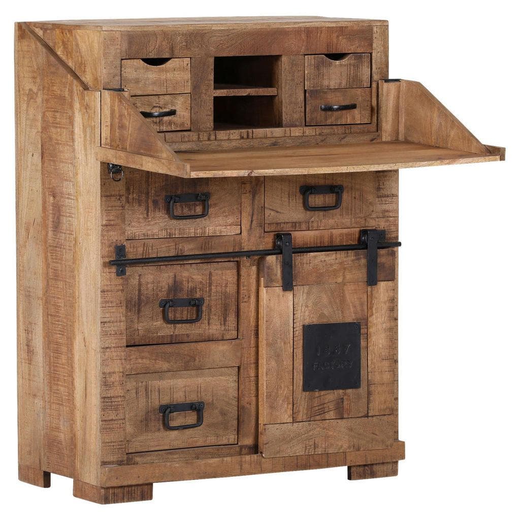 Landscape Sekretär Braun Schwarz Mangoholz Massiv 8 Schubladen