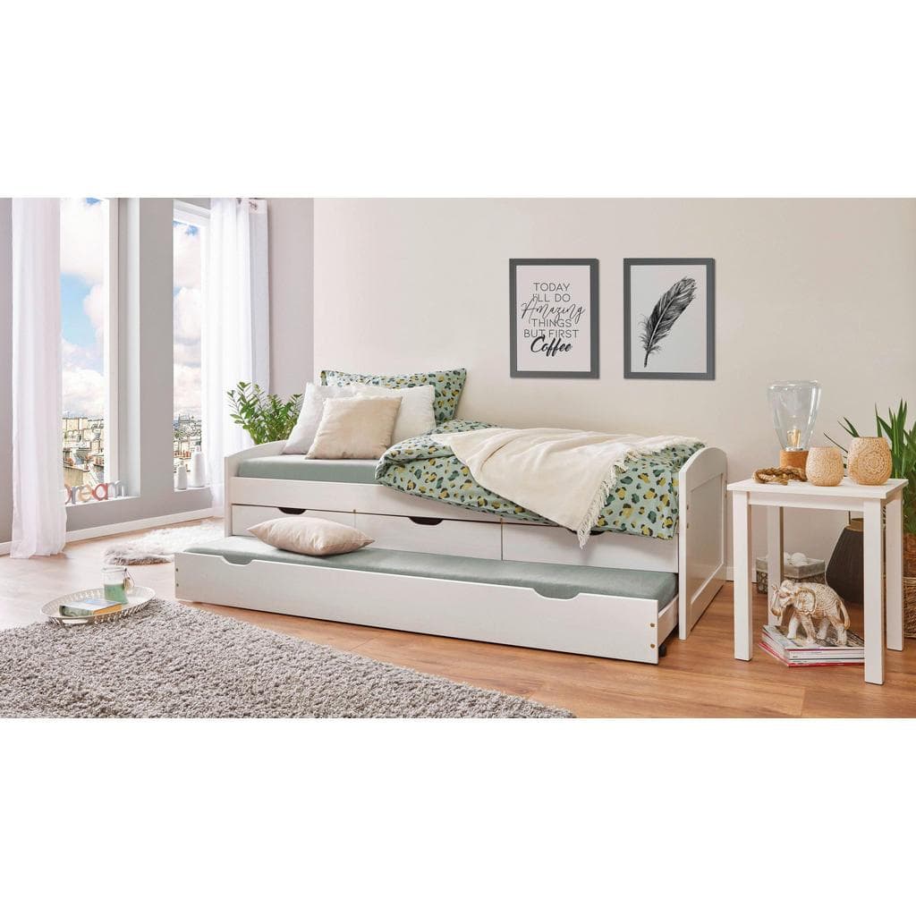 Massivholz Funktionsbett mit Ausziehbett & 3 Schubladen