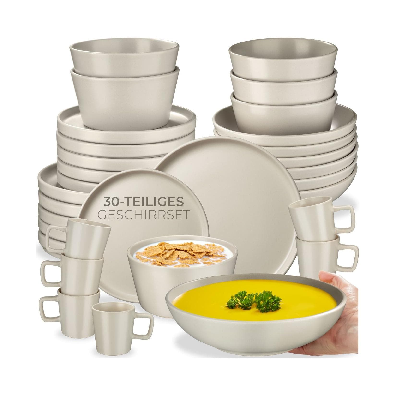 tectake® Kombiservice für 6 Personen aus Steingut mit Glasur stapelbar