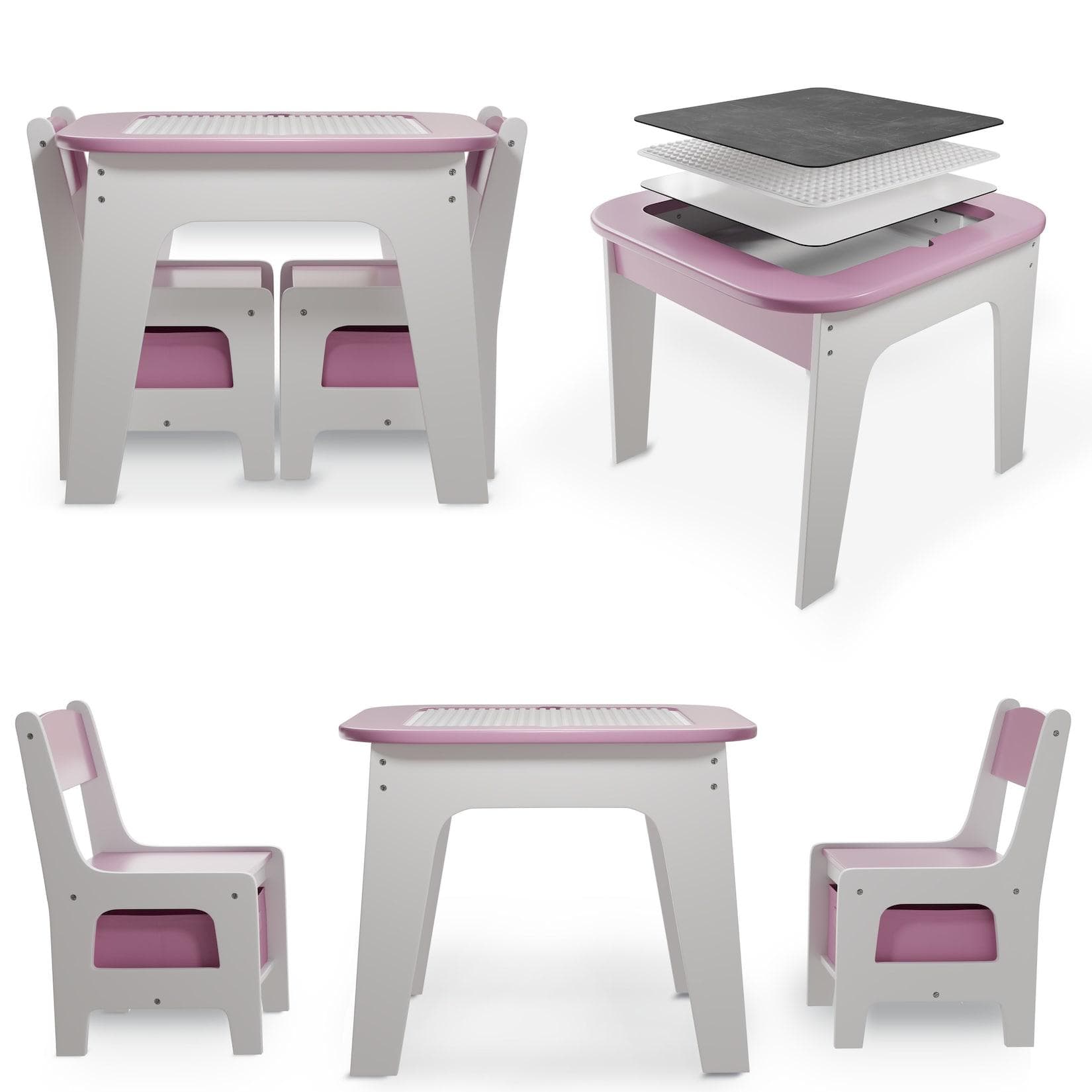 Juskys Kindersitzgruppe Milou Set mit 2 Stühlen & 1 Tisch Holz Spieltisch Stauraum Wendeplatten