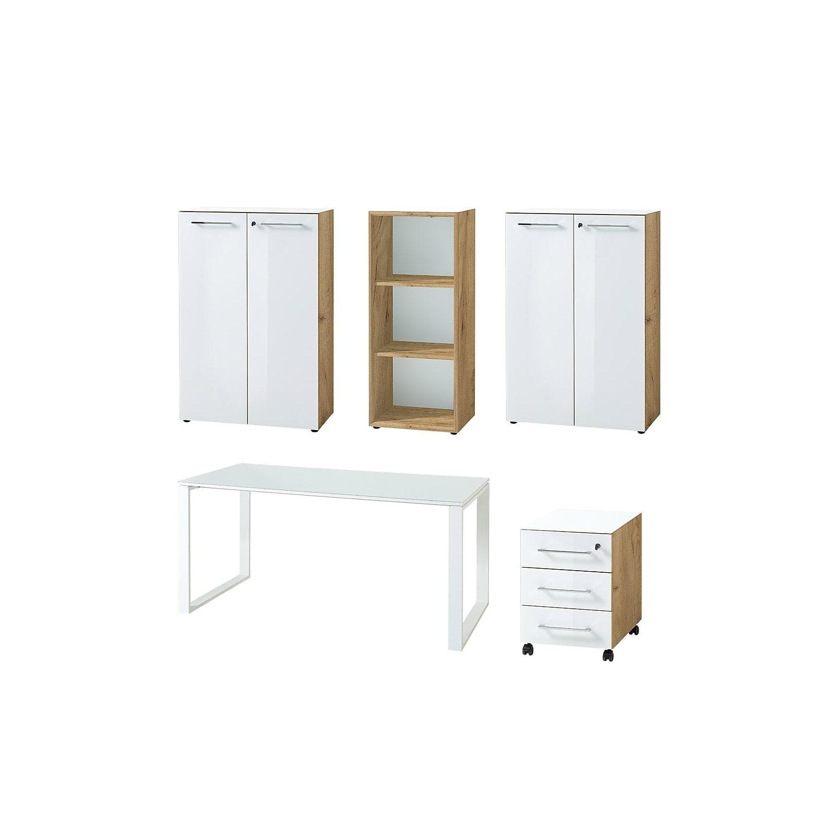 Kadima Design Büromöbel Set 5-teilig Komplettbüro Schreibtisch, Container, 2 Schränke, Regal Glasfront, Soft-Close