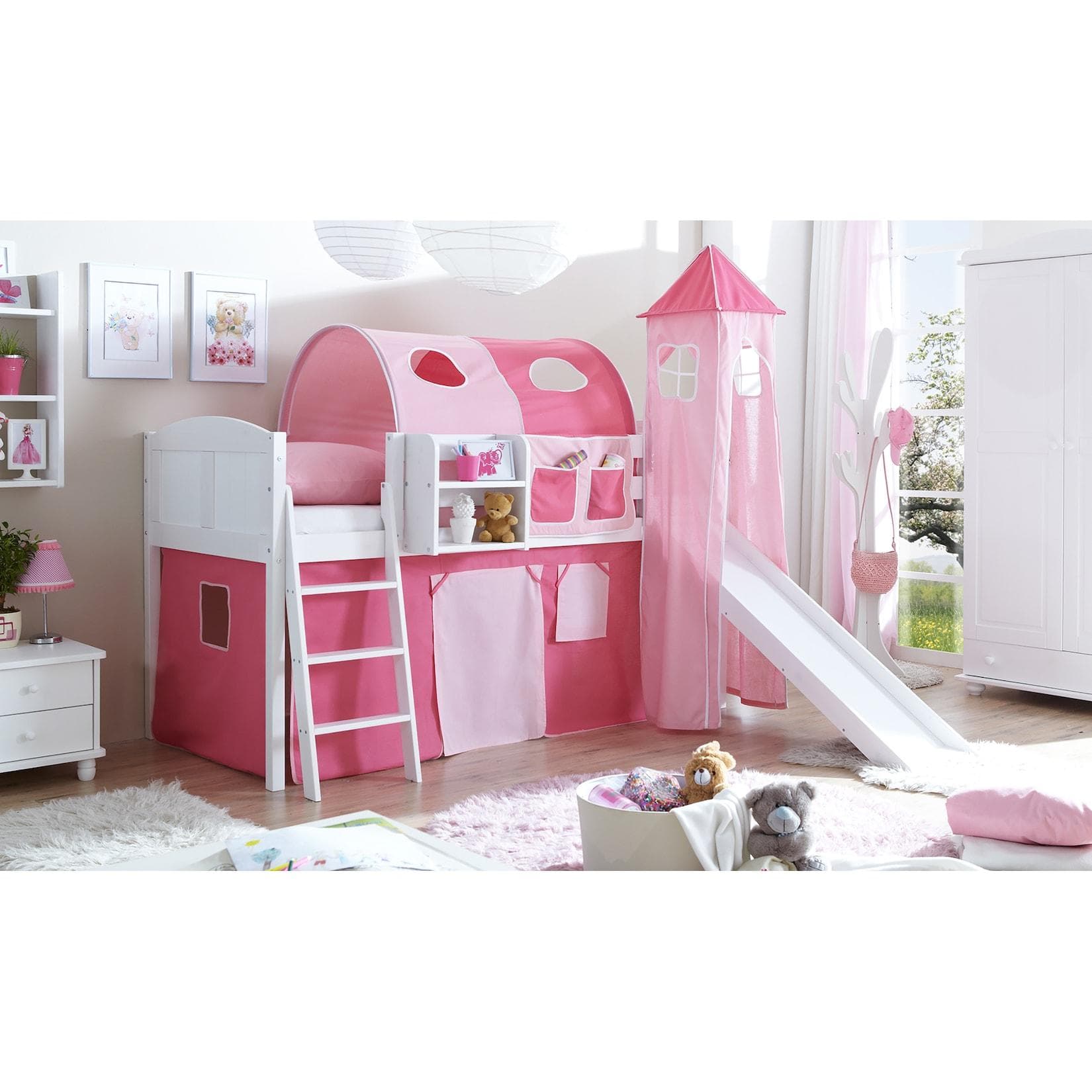 TiCAA Hochbett mit Rutsche und Turm "Ekki" Country Kiefer Weiß Classic