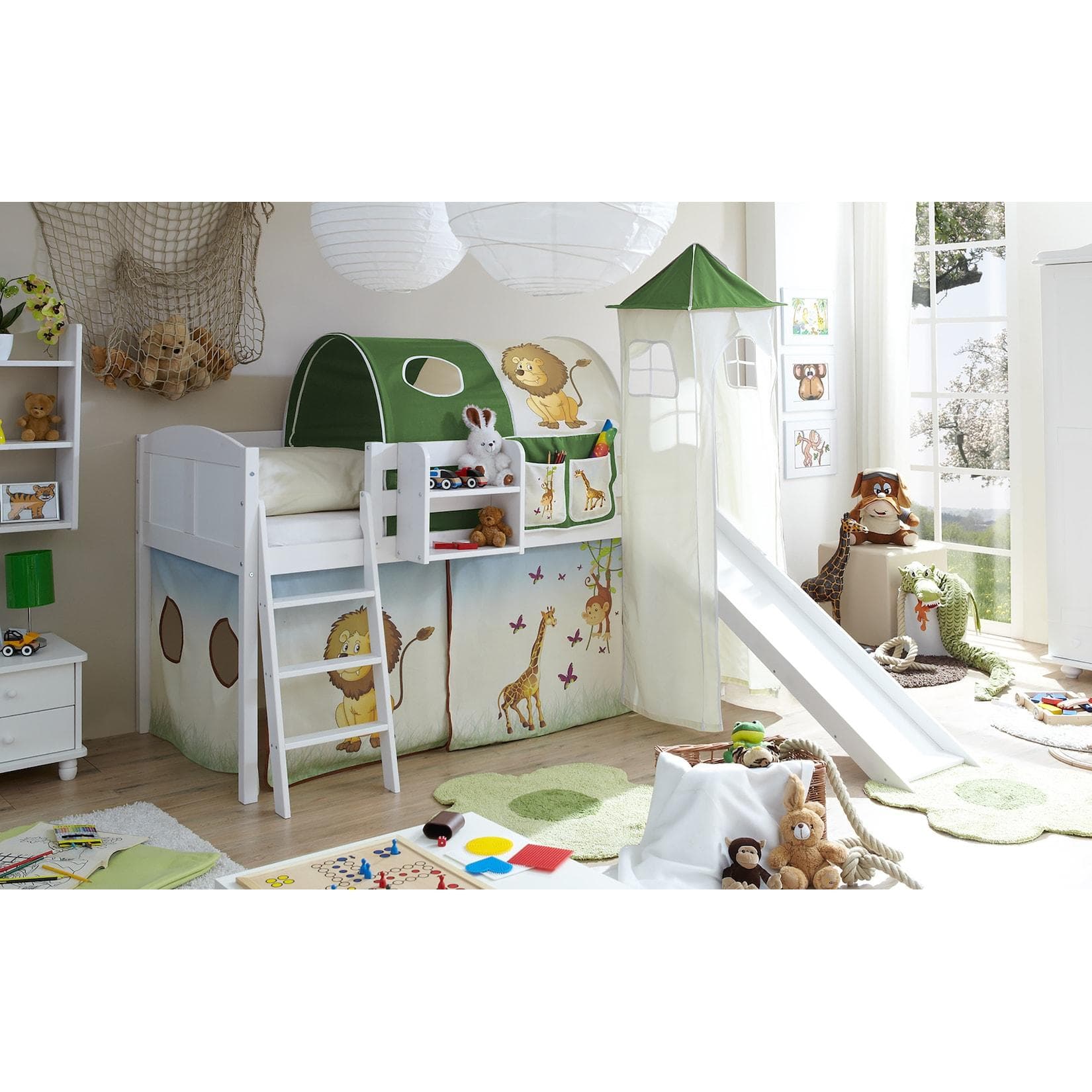 TiCAA Hochbett mit Rutsche und Turm "Ekki" Country-Kiefer Weiß