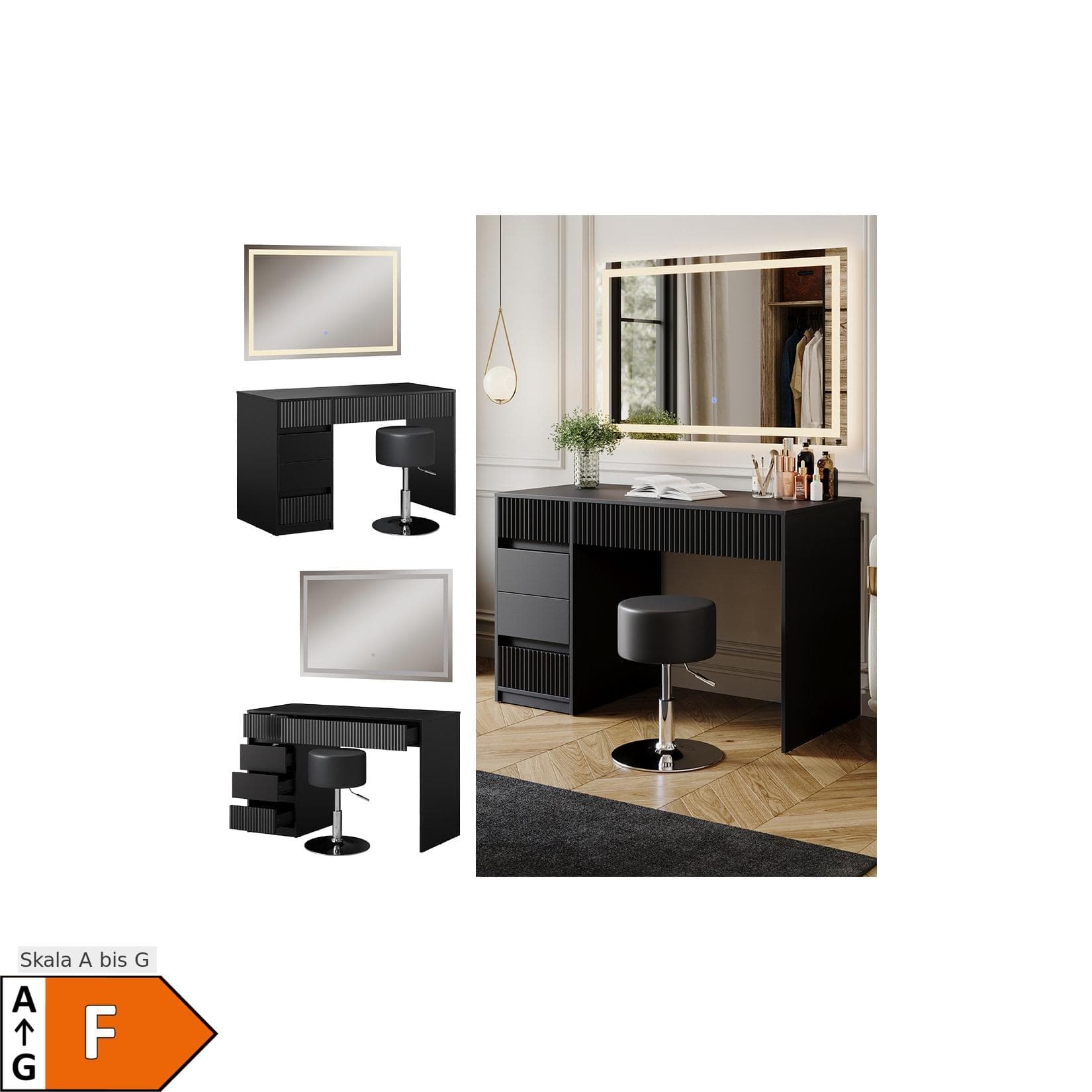 Vicco Schminktisch Omira Schwarz mit LED-Spiegel und Hocker