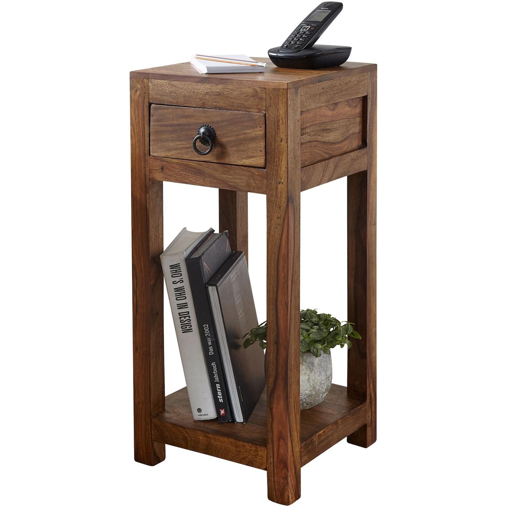 FineBuy Massivholz Beistelltisch mit Schublade