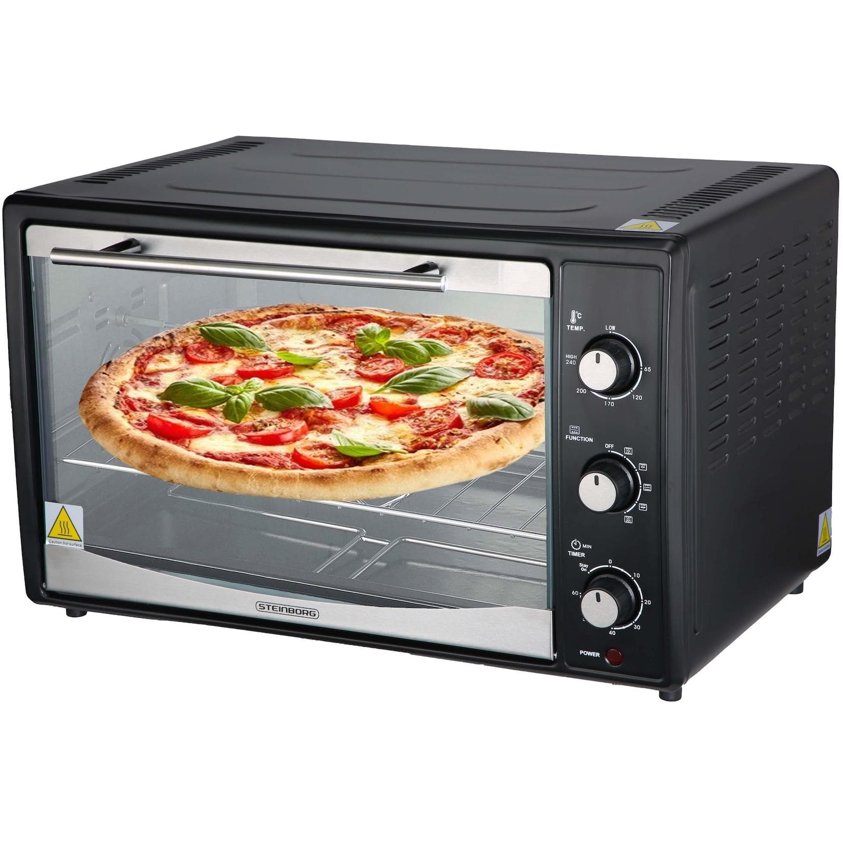 Steinborg Minibackofen Pizzaofen 45L mit Umluft 1800W Schwarz