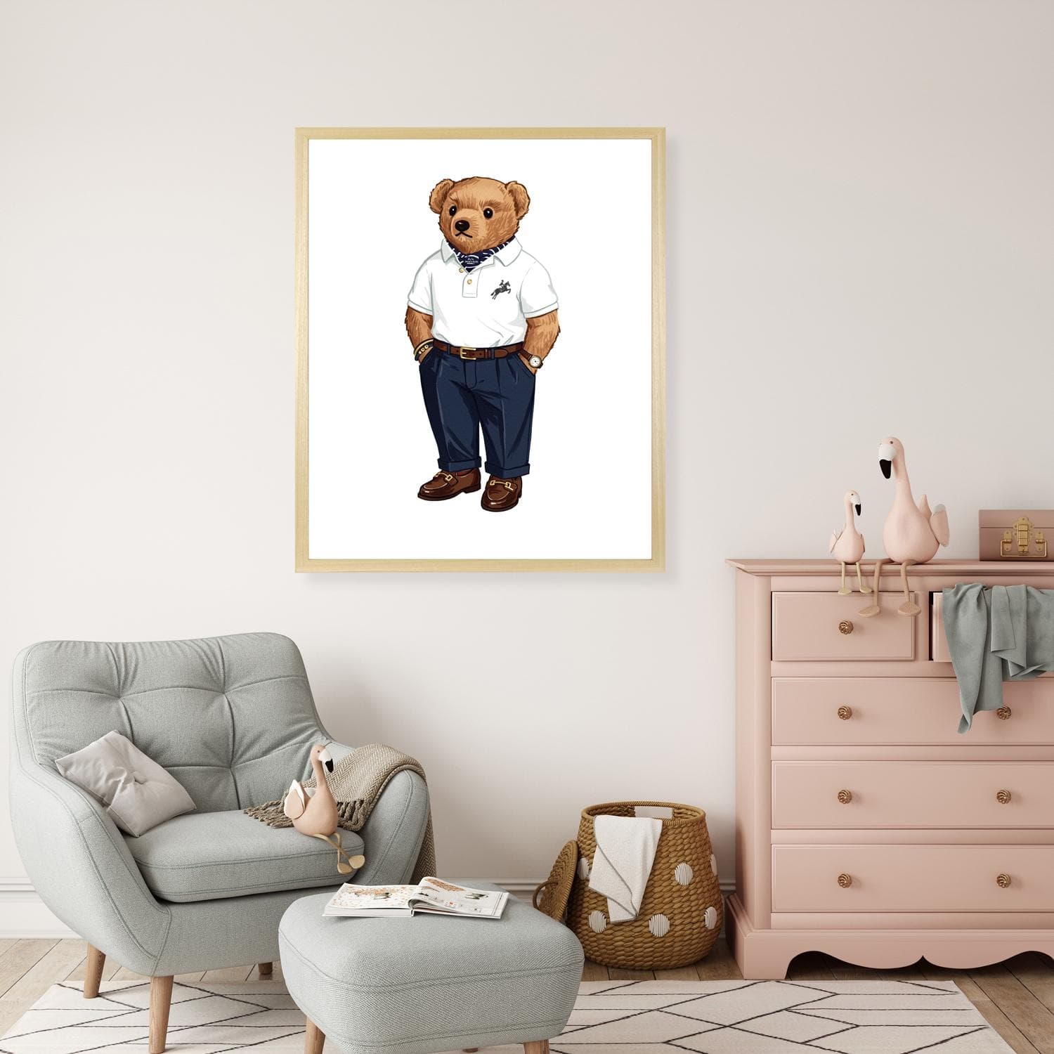 Bild mit Rahmen QUEENCE Vintage Polo Club Teddy Bär Beige