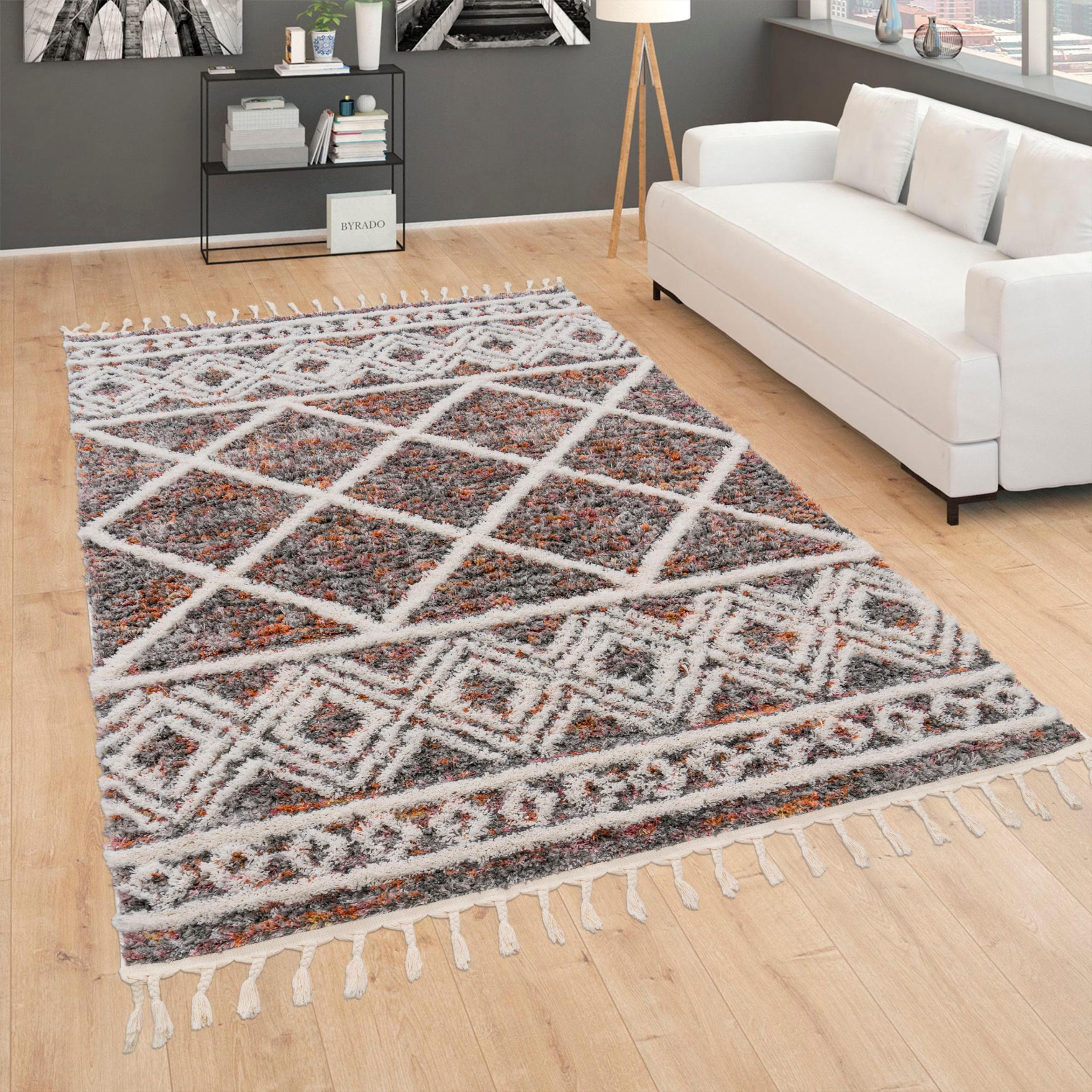 Paco Home Hochflor-Teppich Monza 651: Meliert, Rautenmuster, 3D-Effekt