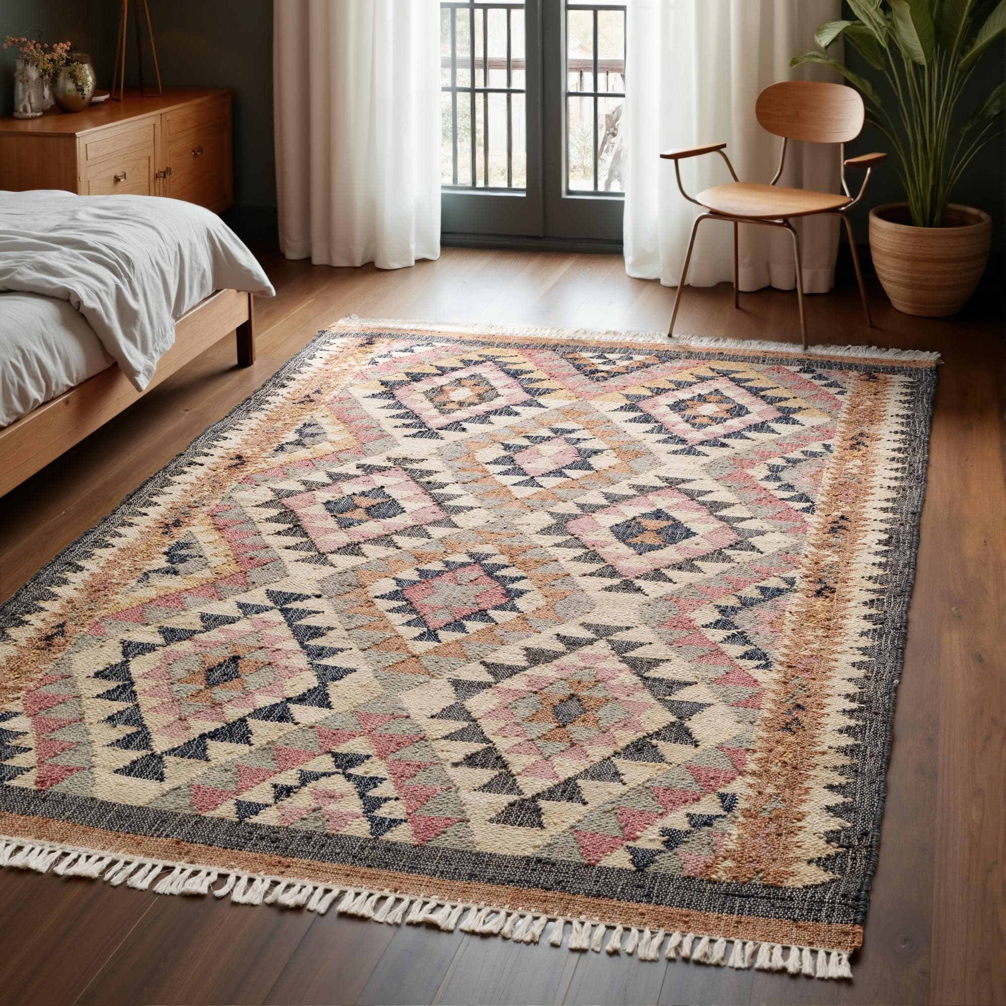 ELLE DECORATION Kelim Parsa Teppich Creme Multifarben Handgewebt