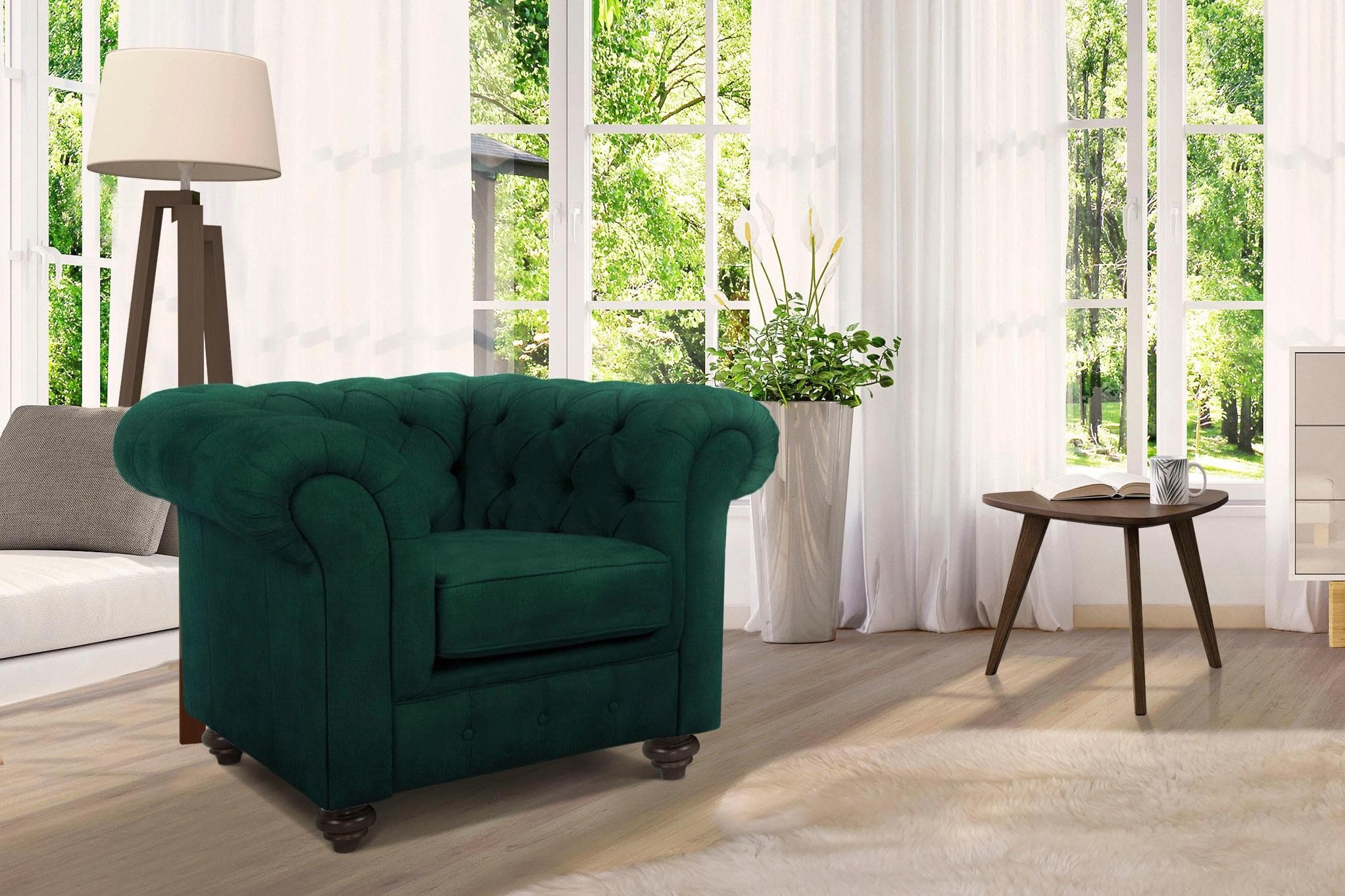 Chesterfield Sessel mit Knopfheftung in samtiger Optik