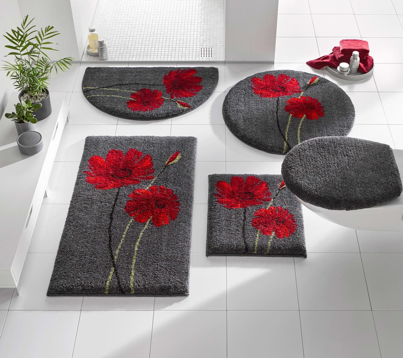 GRUND Badmatte bunt anthrazit rot WC-Vorleger mit Blumendruck