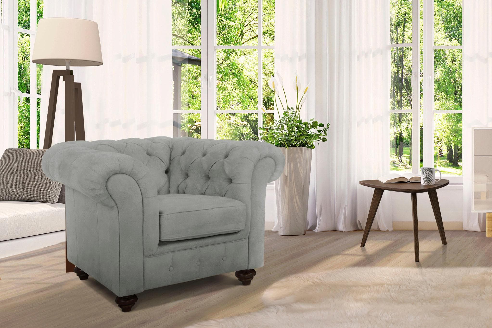 Chesterfield Sessel mit Knopfheftung in samtiger Optik