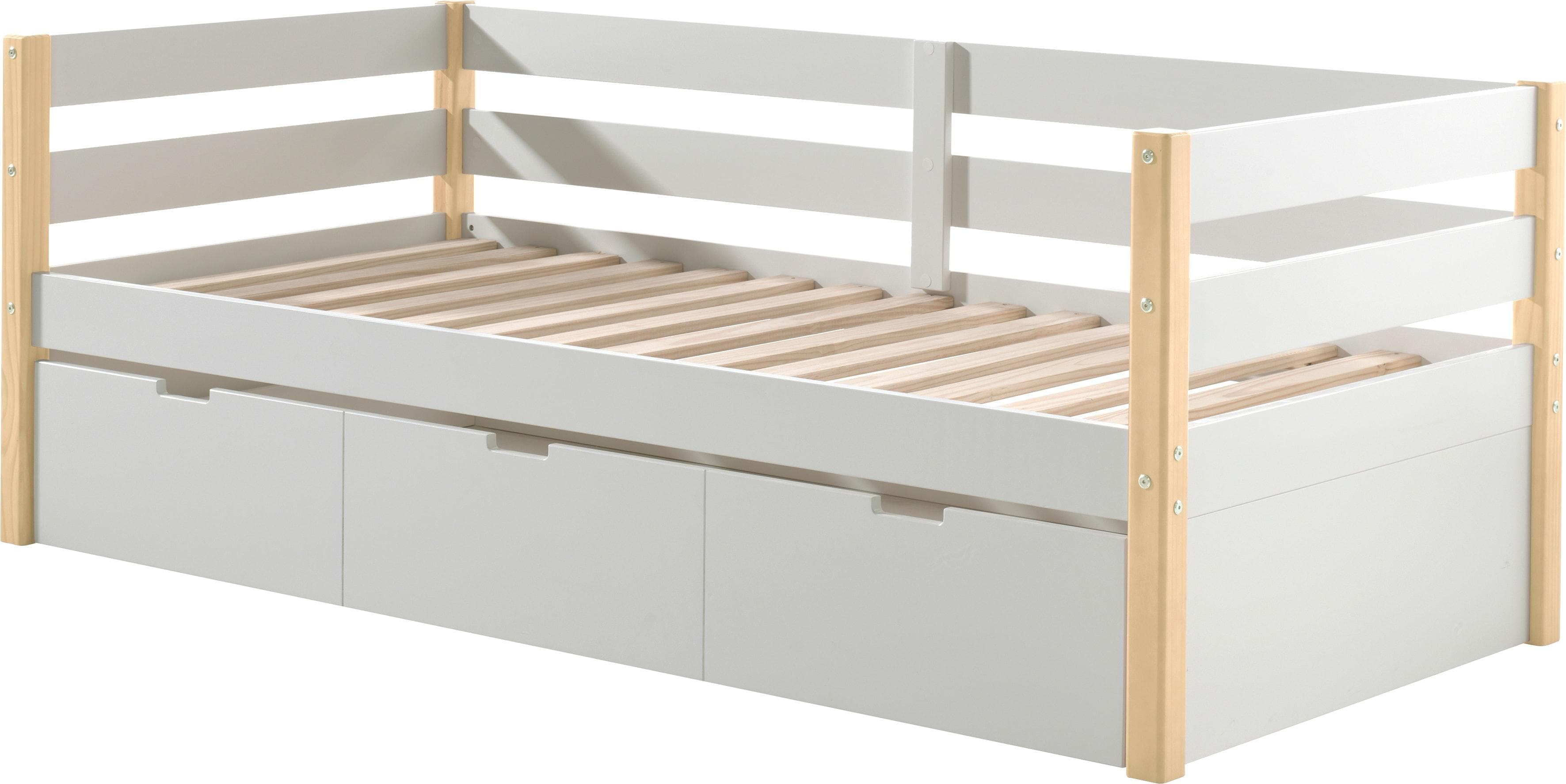 Kojenbett mit Umbaufunktion und Bettpfosten | Naturholz Kiefer Weiß