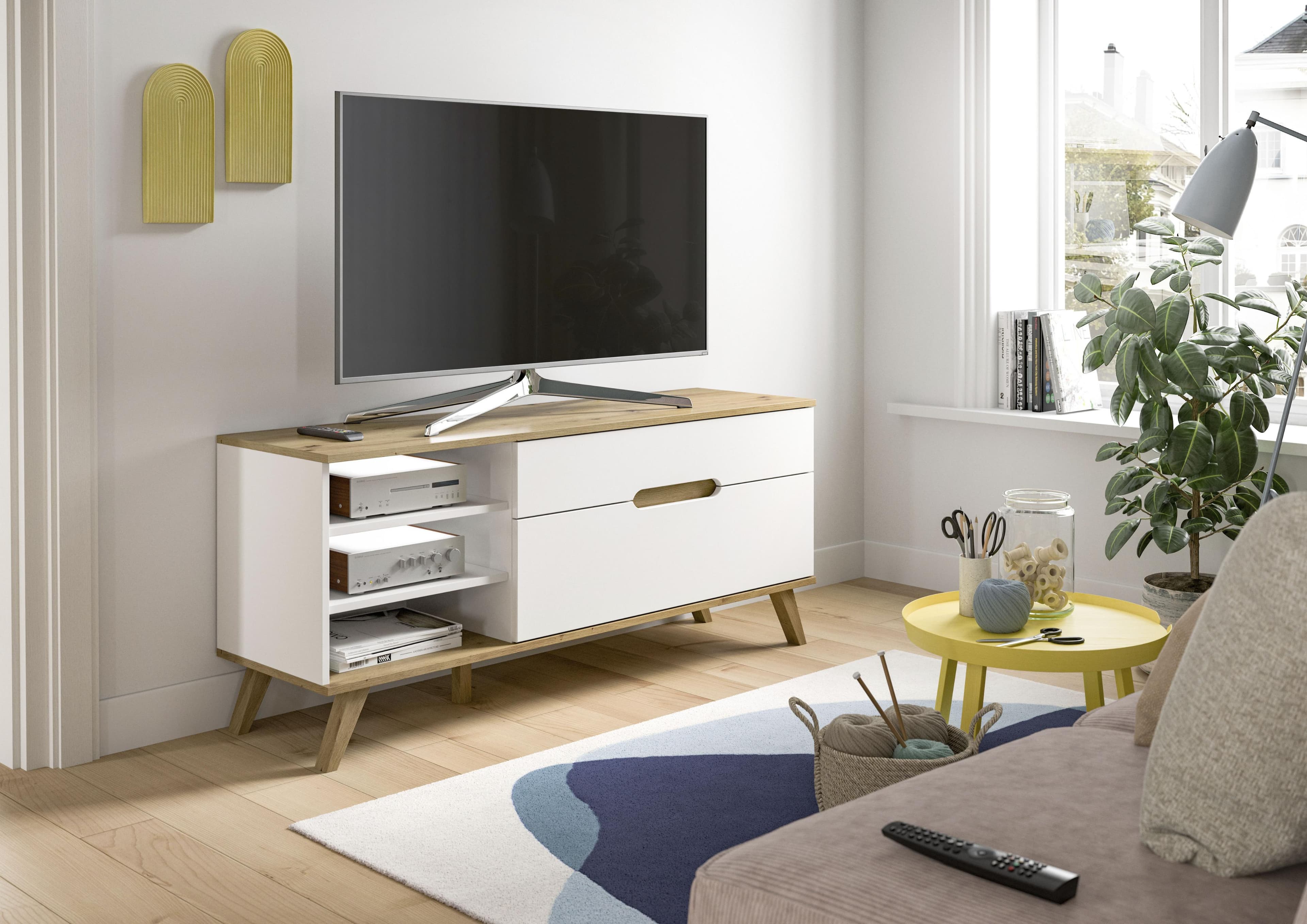 TV-Lowboard mit Schubkasten und Klapptür - Konisches Design