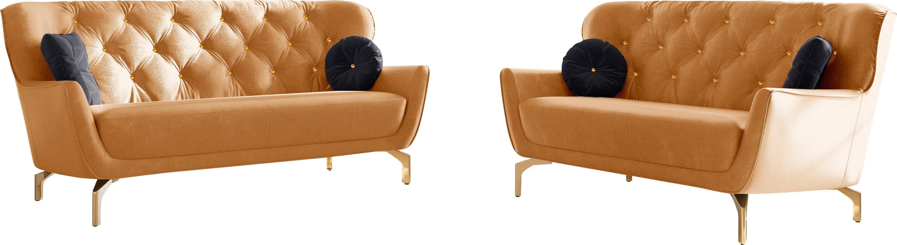 Elegante 2-teilige Polstergarnitur mit Strass-Zierkissen und goldfarbenen Füßen