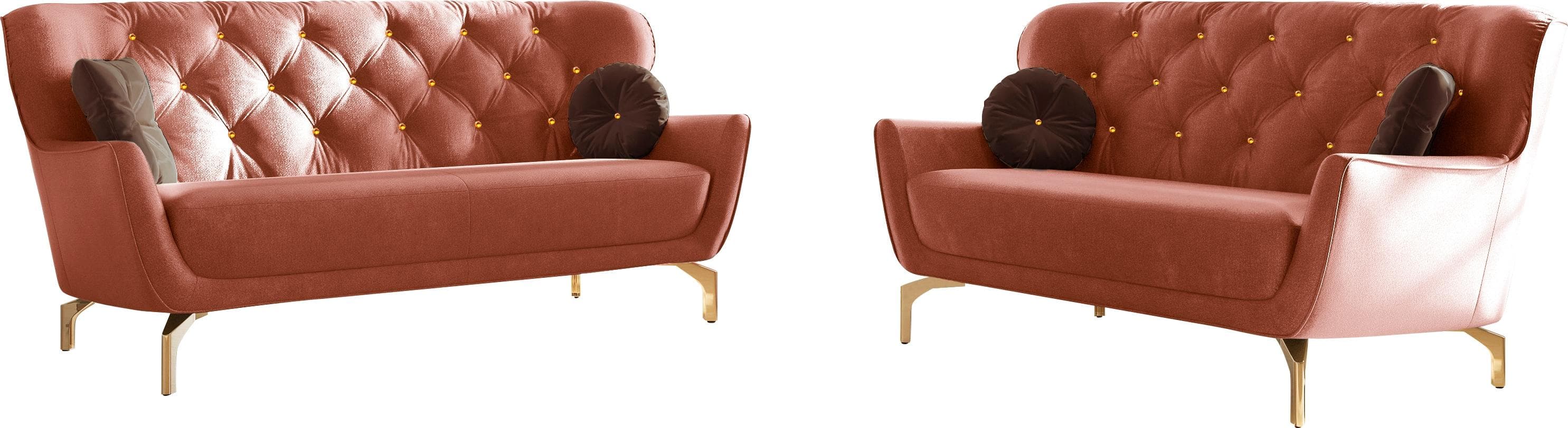 Elegante 2-teilige Polstergarnitur mit Strass-Zierkissen und goldfarbenen Füßen