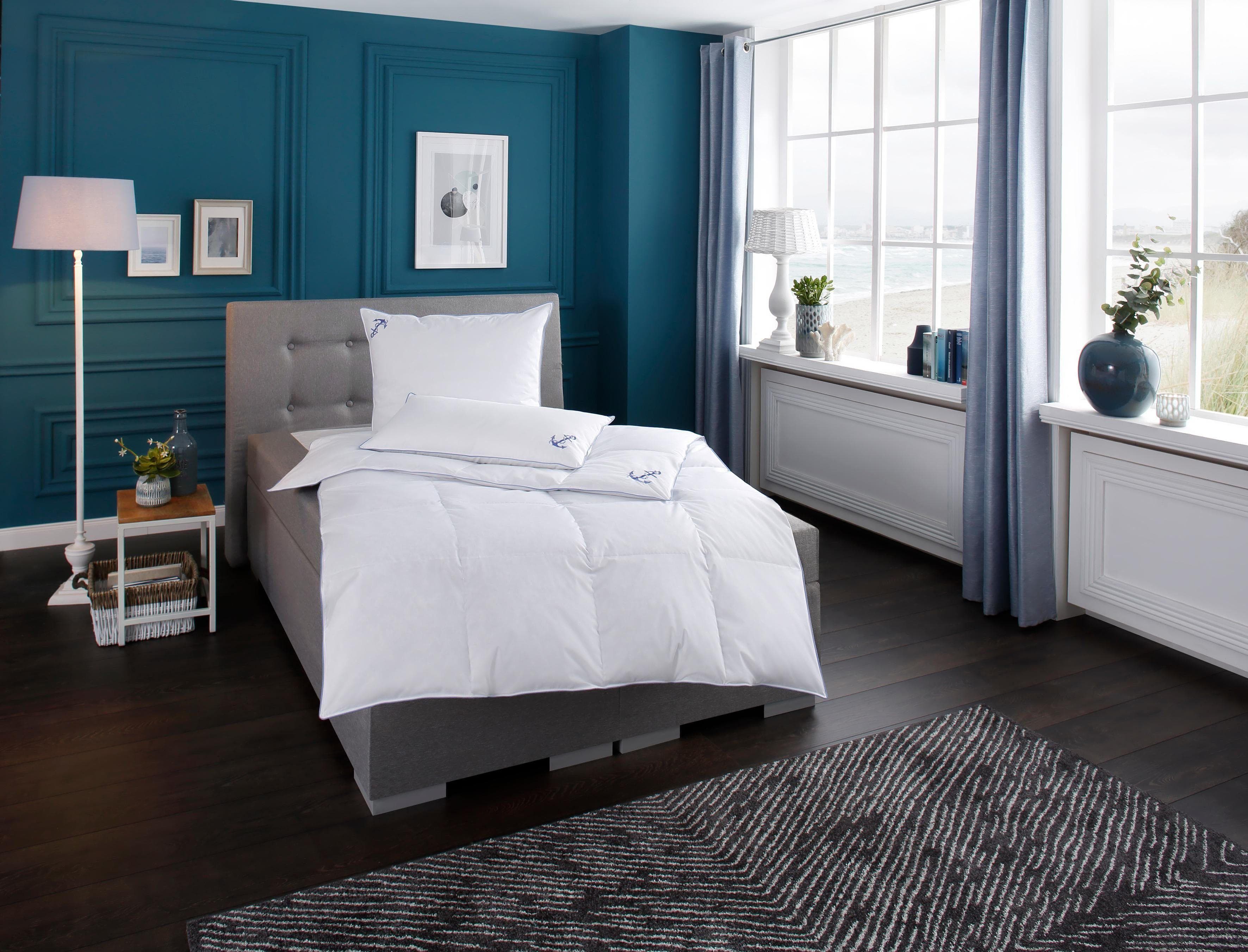 RIBECO Bettdecke + Kopfkissen Anker Weiß Baumwolle Daunen Federn