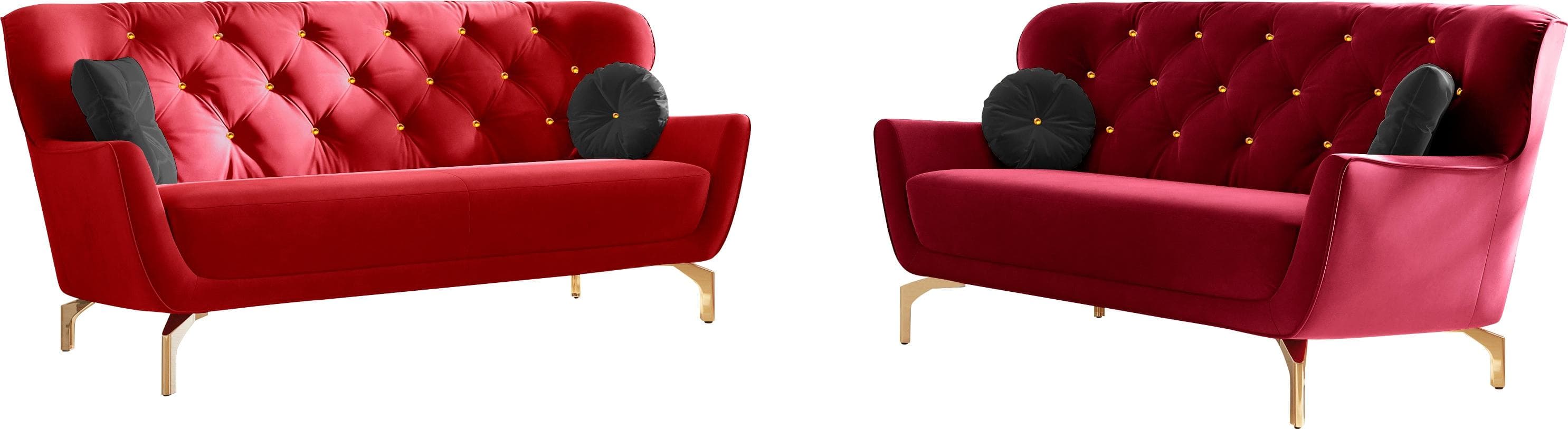 Elegante 2-teilige Polstergarnitur mit Strass-Zierkissen und goldfarbenen Füßen