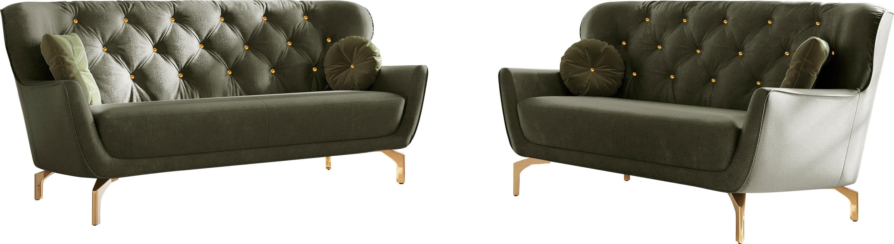 Elegante 2-teilige Polstergarnitur mit Strass-Zierkissen und goldfarbenen Füßen