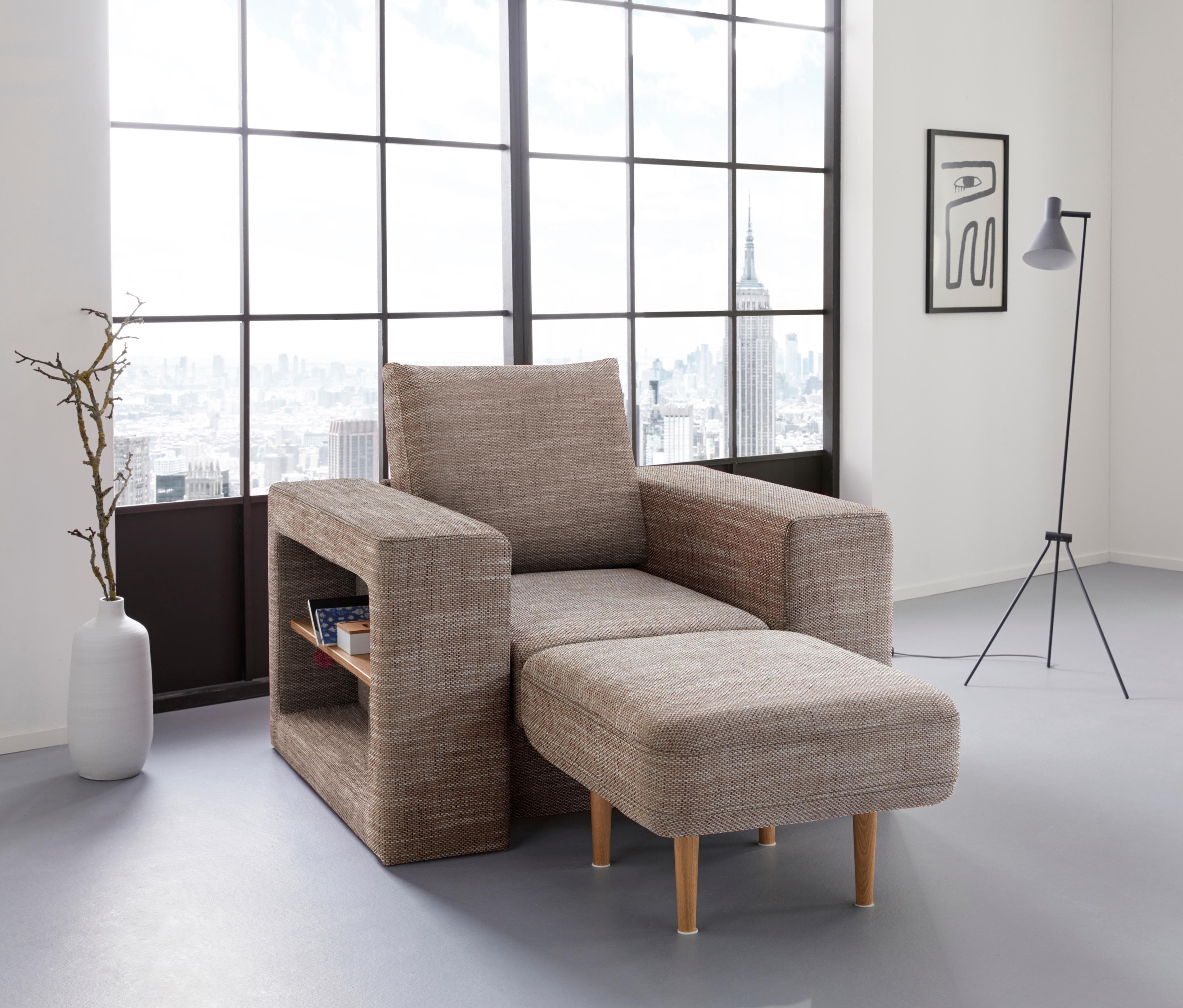 Verwandlungssessel mit Hocker und Regalfunktion