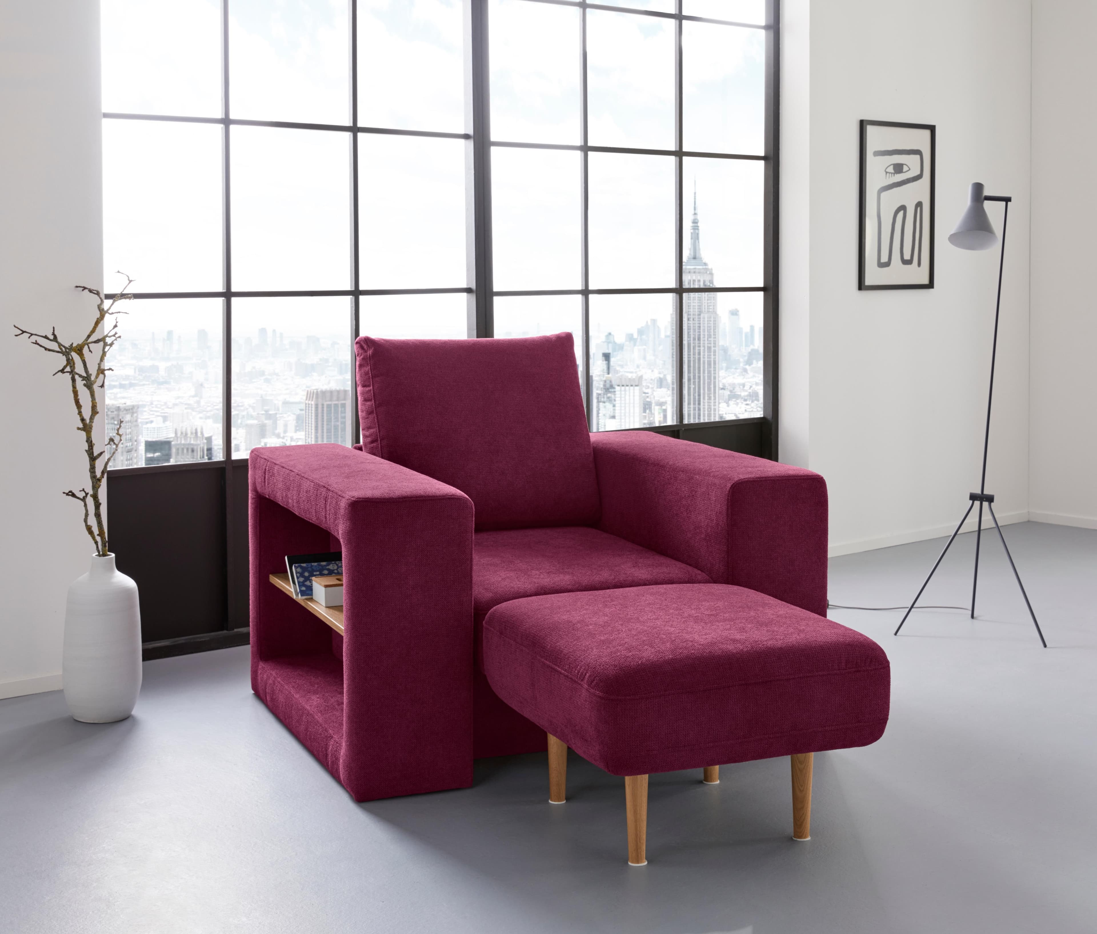 Verwandlungssessel mit Hocker und Regalfunktion