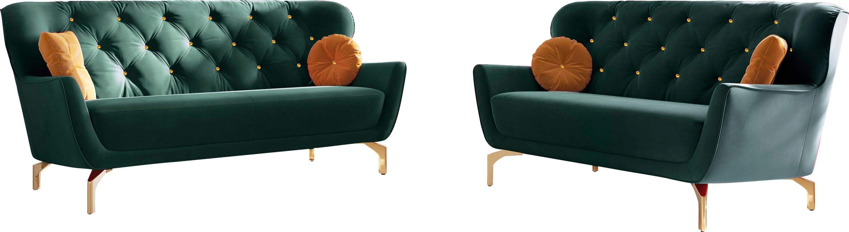 Elegante 2-teilige Polstergarnitur mit Strass-Zierkissen und goldfarbenen Füßen