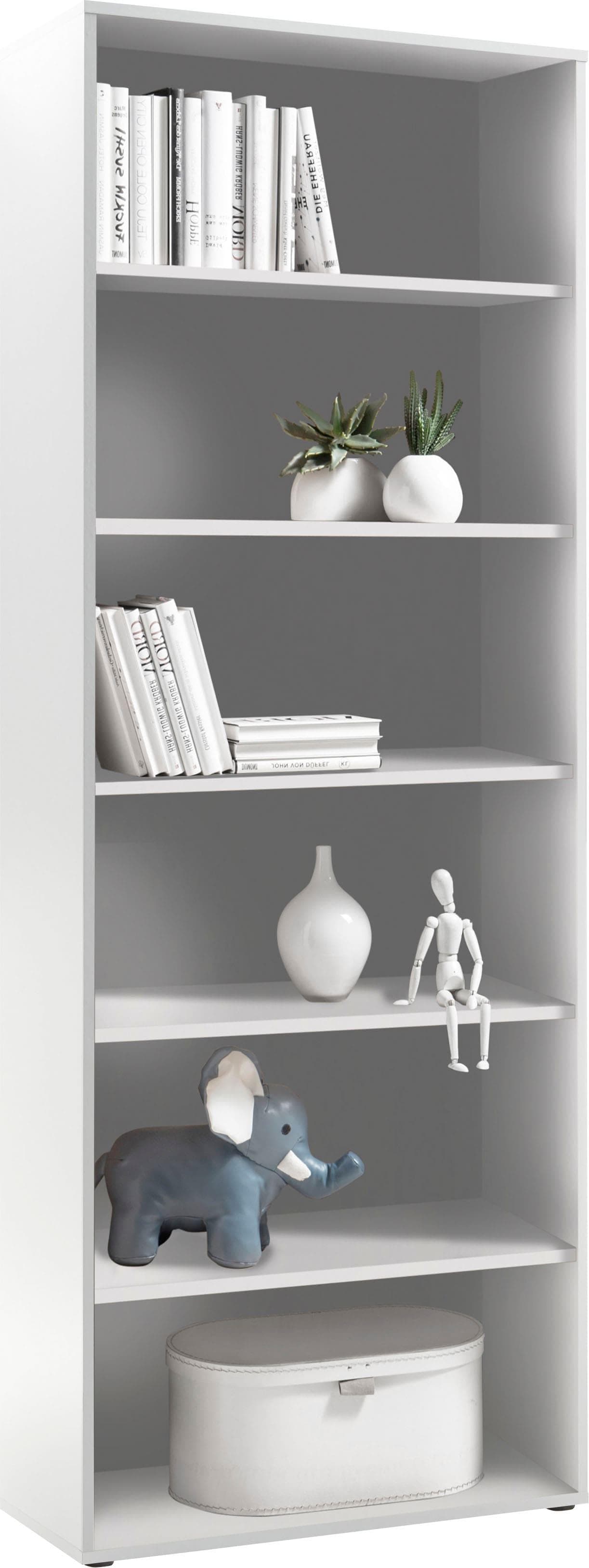 Graues Bücherregal aus Holzwerkstoff mit offenen Fächern