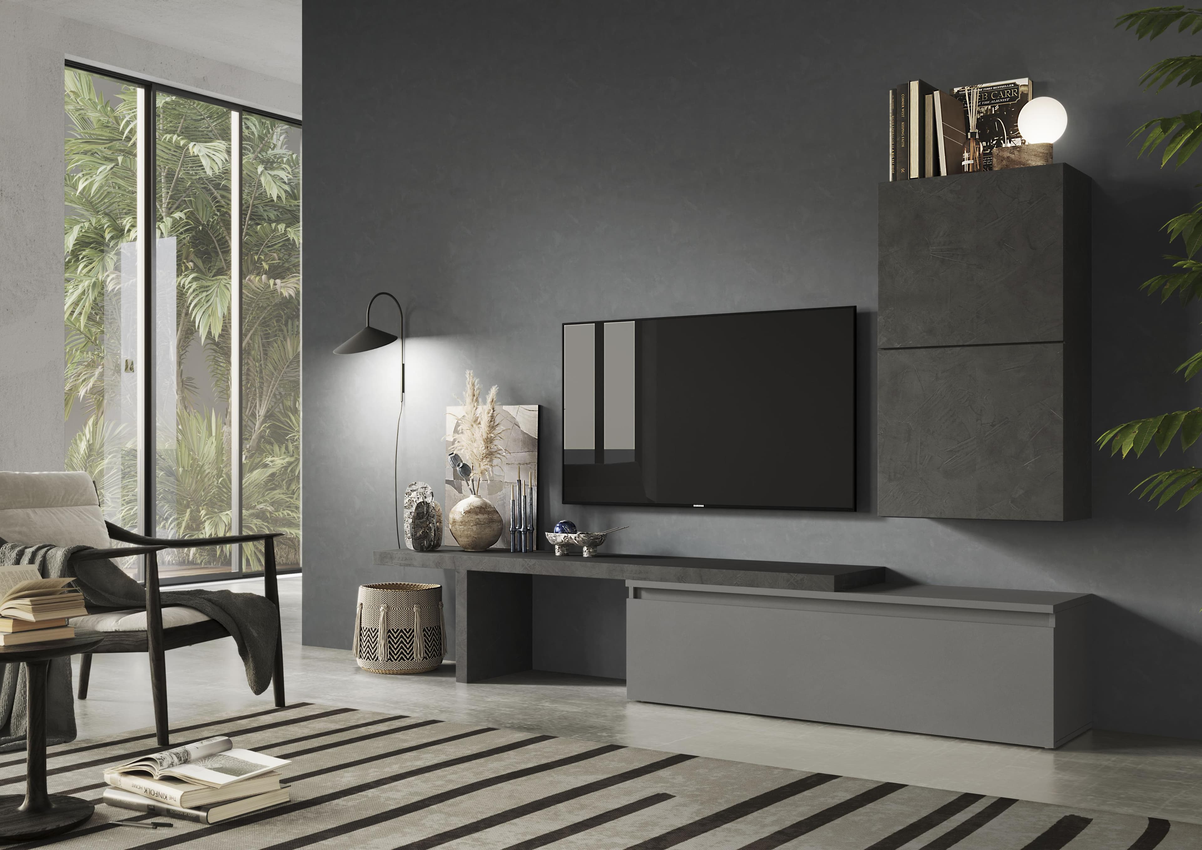 TV-Wand INFINITY | Moderne Wohnwand mit Lowboard und Hängewürfeln