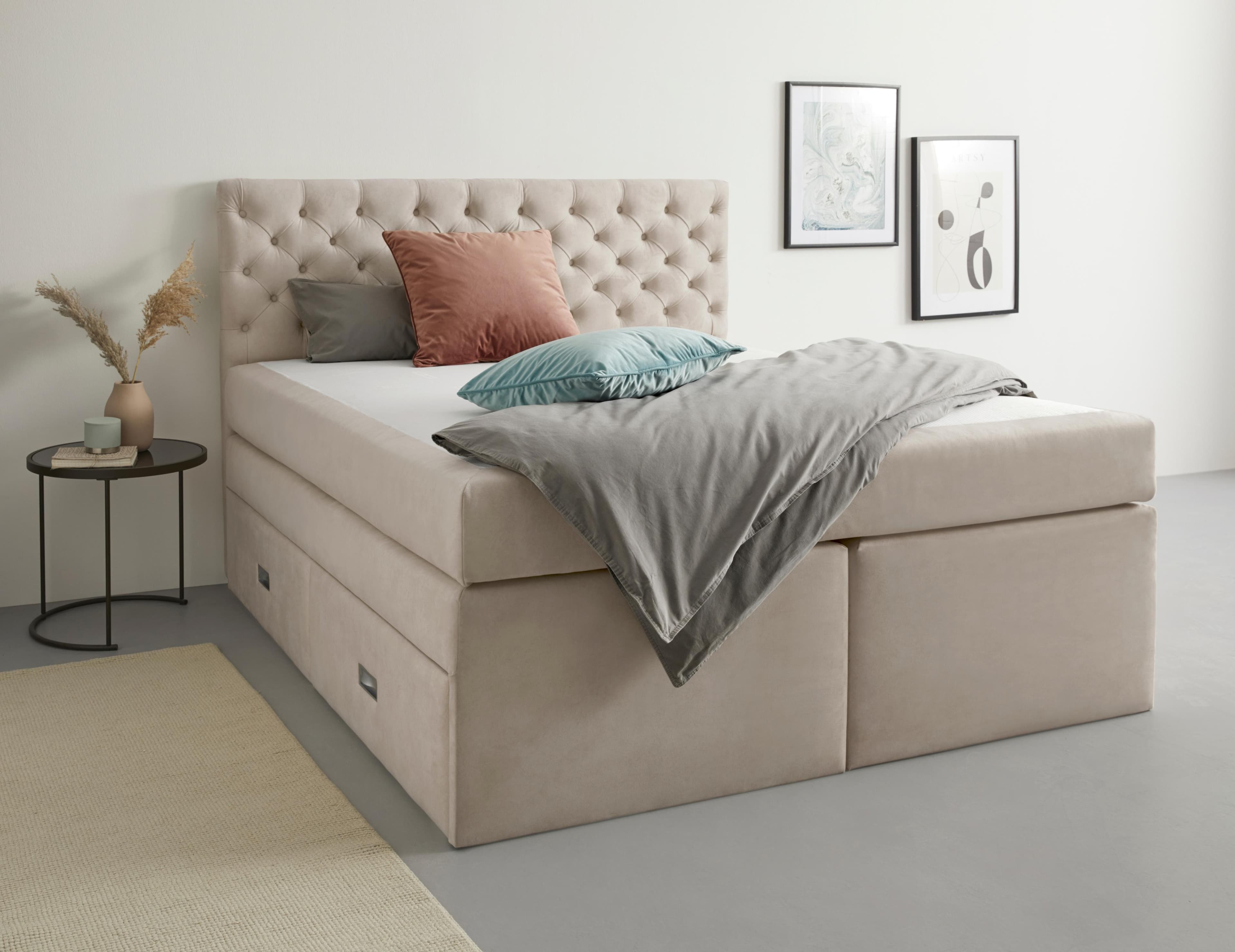Polsterbett Boxbett Alvi mit Schubladen, Taschen-Federkernmatratze, beige