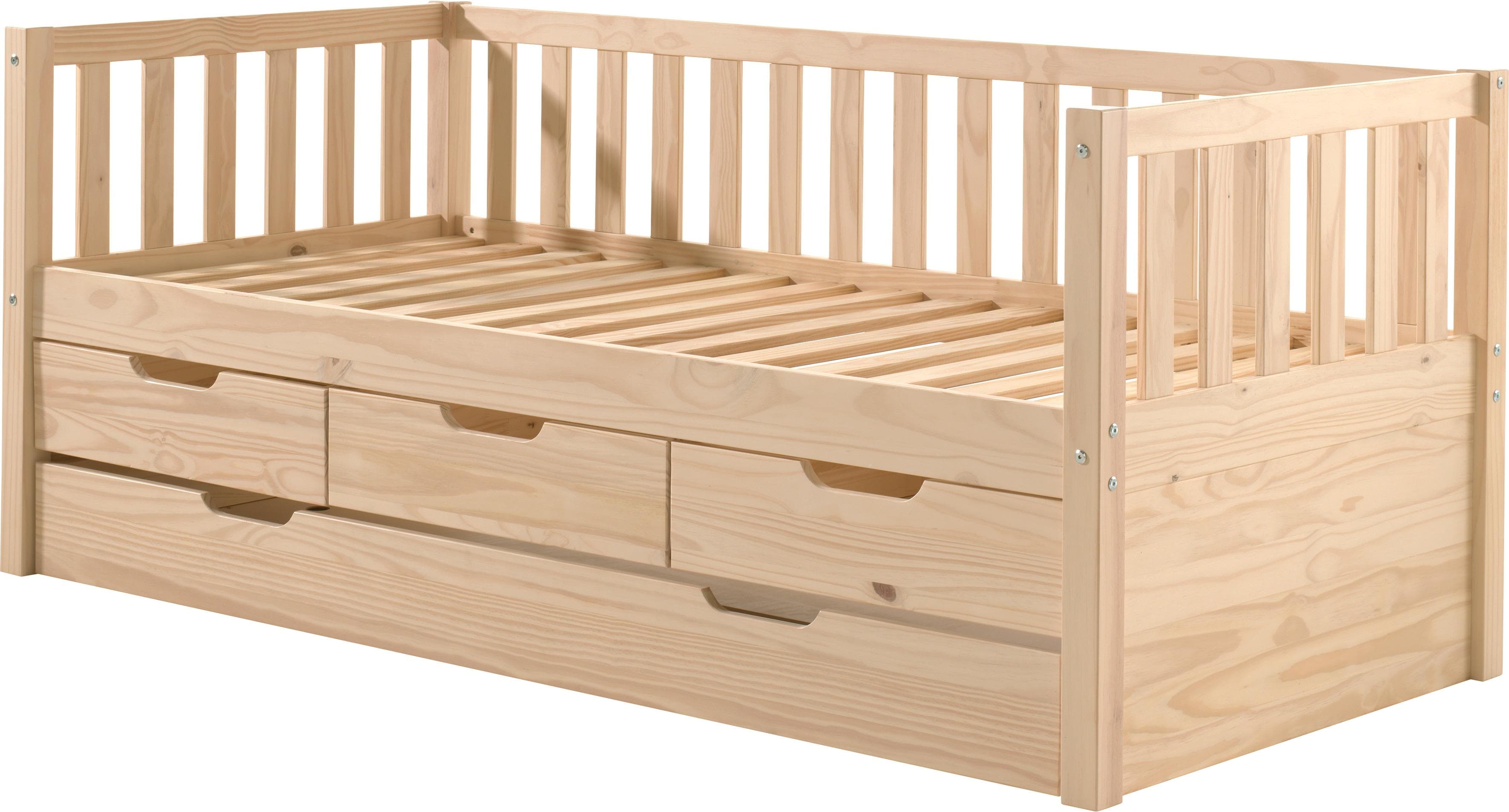 Naturholz Einzelbett mit Schublade - Sprossenumrandung & 90x200 Liegefläche