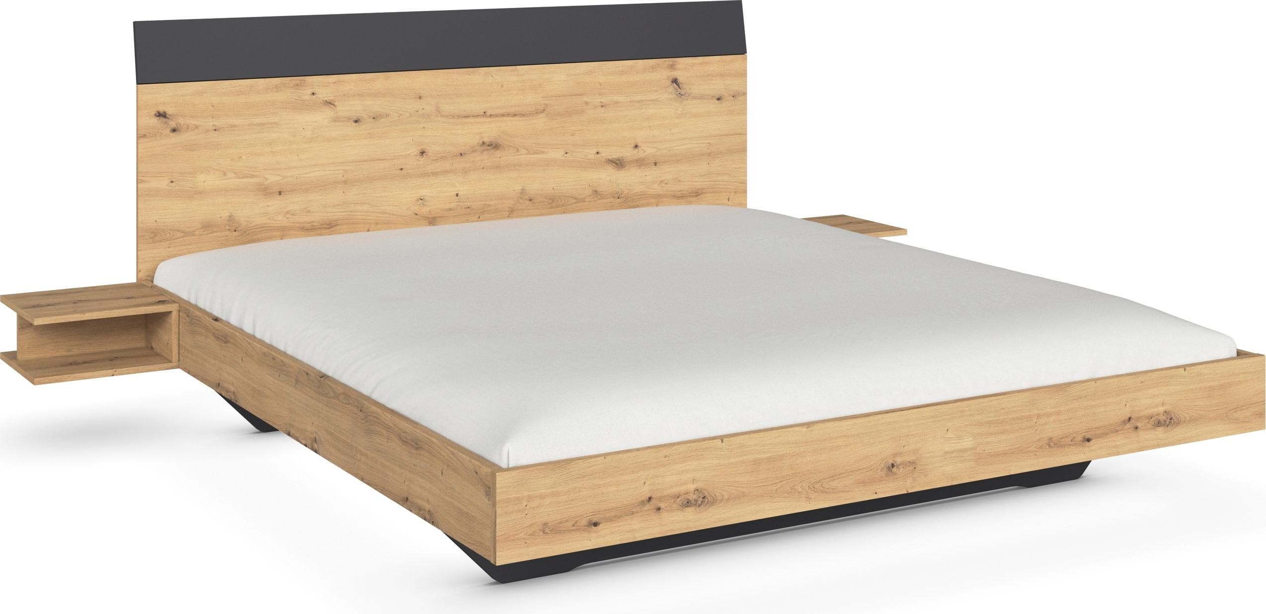 Schwebendes Bett mit hohem Kopfteil und Nachtkonsolen