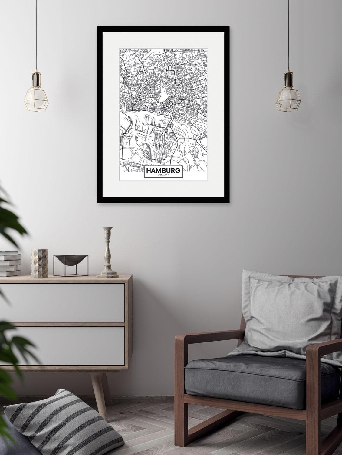 QUEENCE Bild Hamburg Stadtkarte Schwarz Weiß mit Holzrahmen