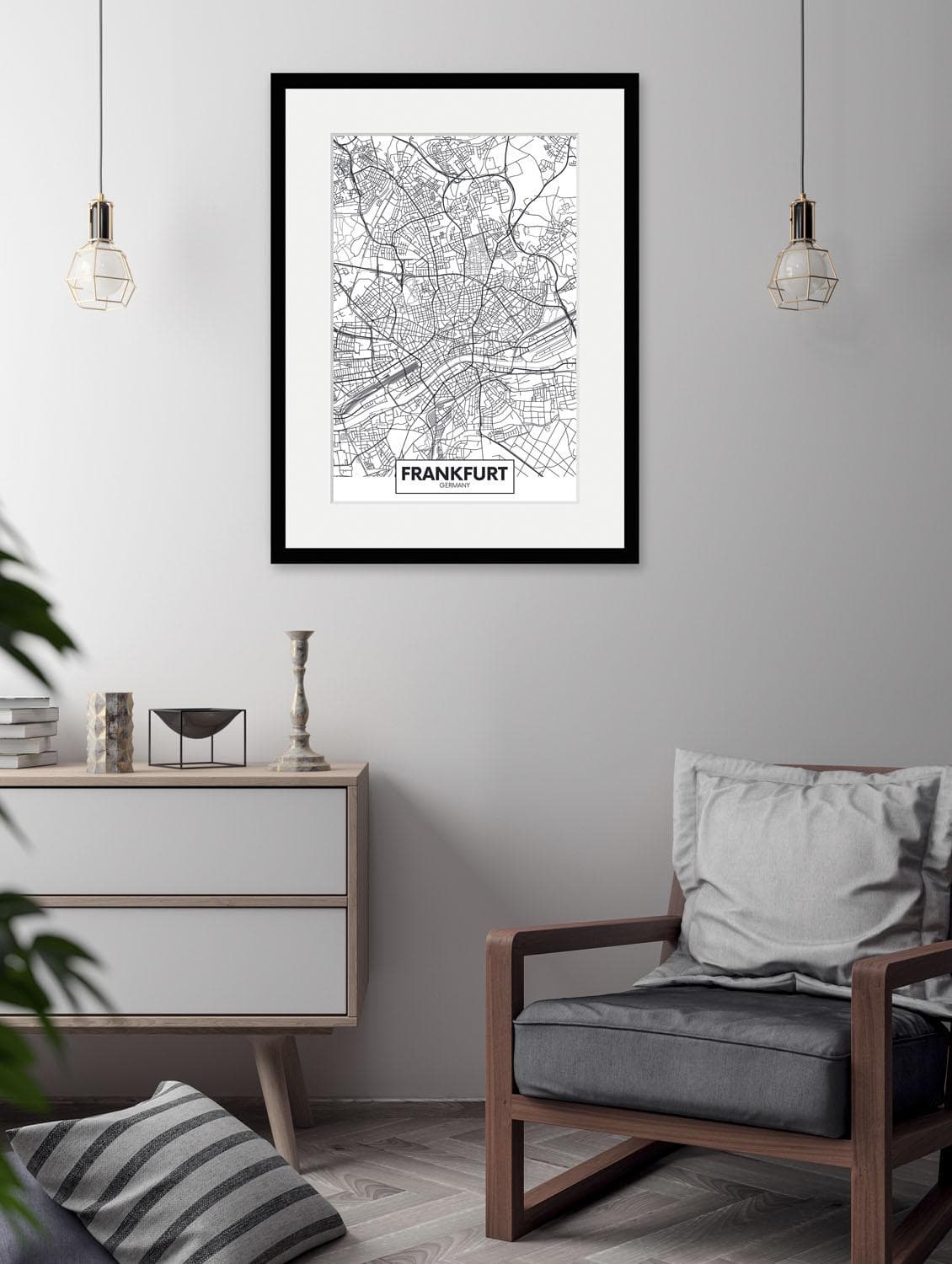 QUEENCE Bild Frankfurt Stadtkarte Schwarz Weiß 30x40 cm