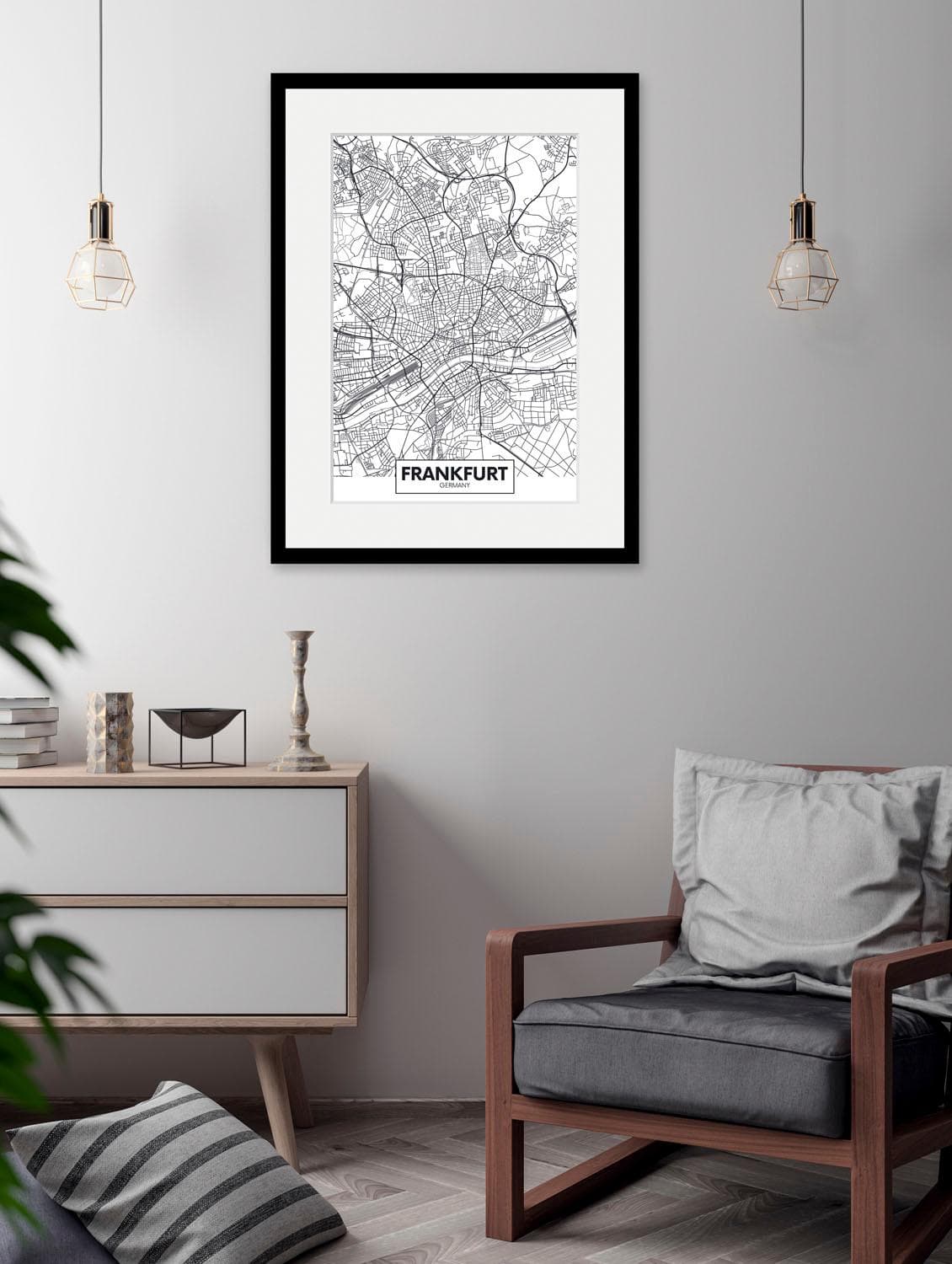 QUEENCE Bild Frankfurt Stadtkarte Schwarz Weiß HD-Druck