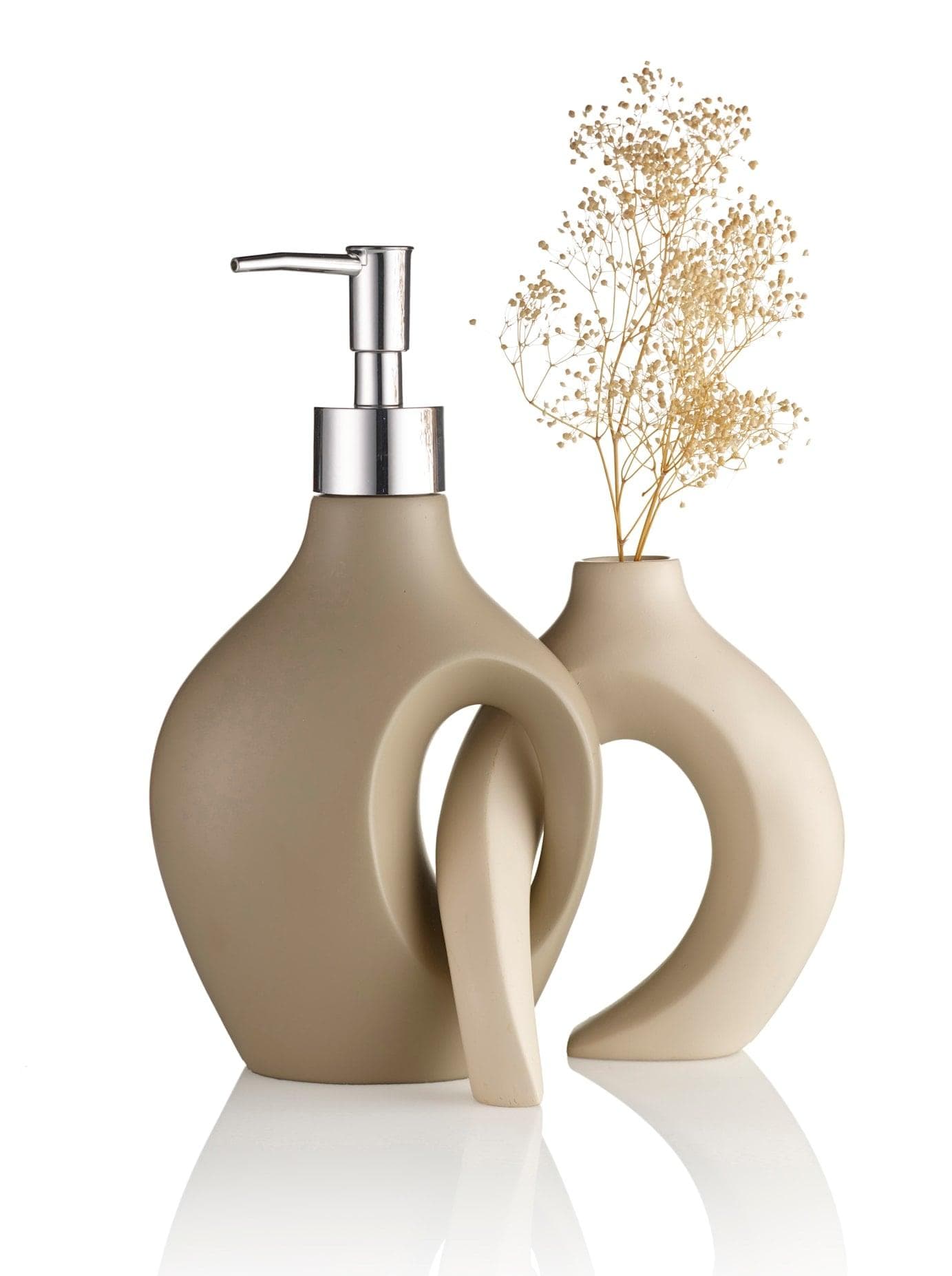 Badaccessoire-Set grau taupe Polyresin Kunststein Seifenspender Vase