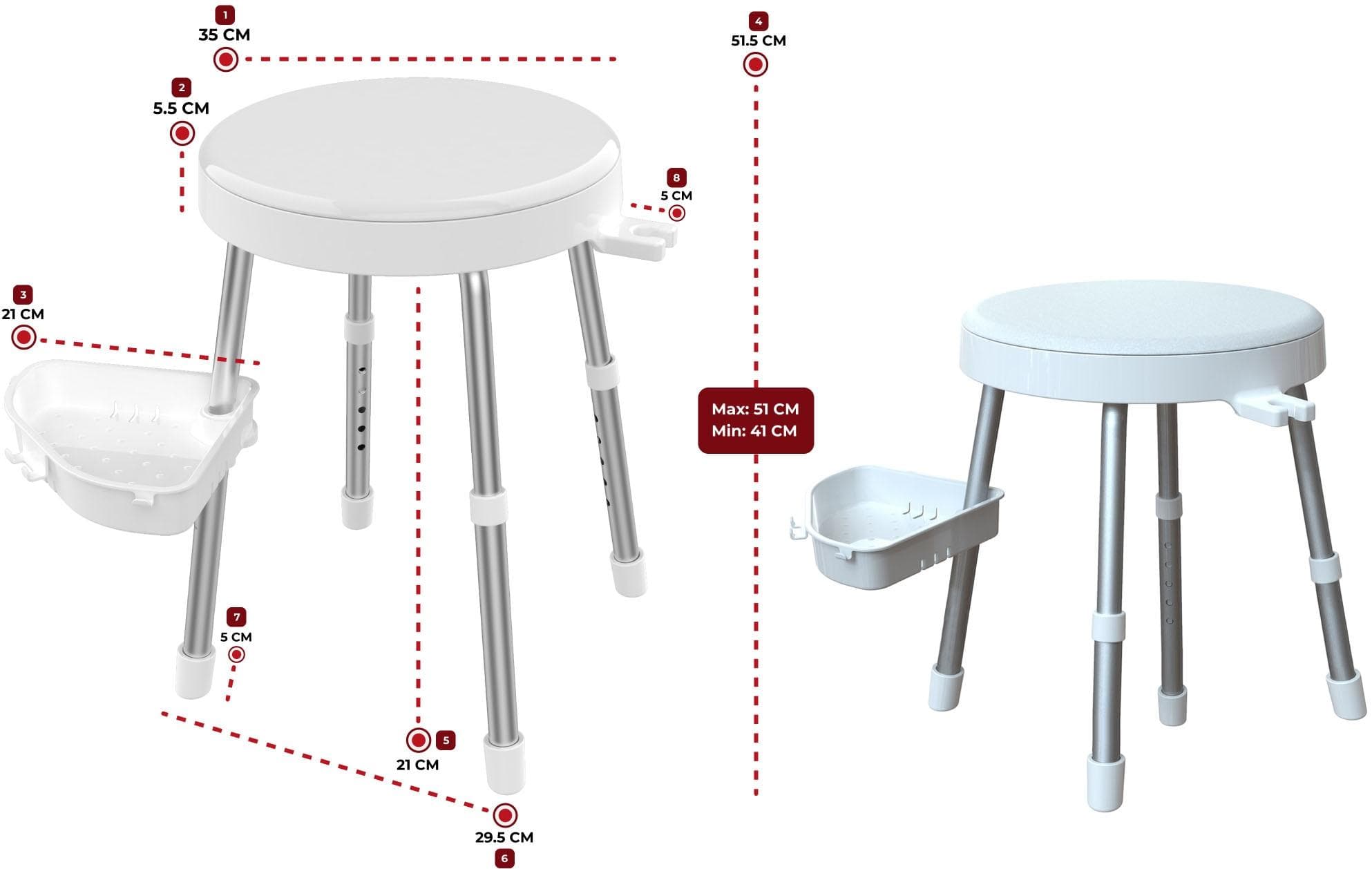 Dusch- und Badhocker BISCHOF Rotate 2.0 Weiß mit drehbarer Sitzfläche und Ablage