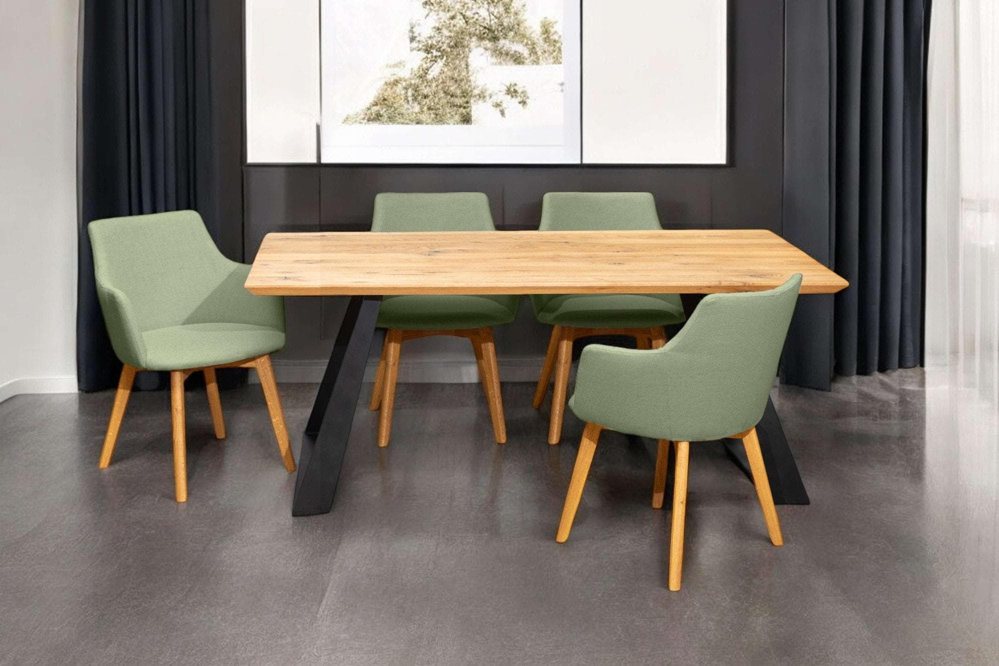Ena Essgruppe mit 4 Polsterstühlen - Eiche Natur oder Buche Schwarz