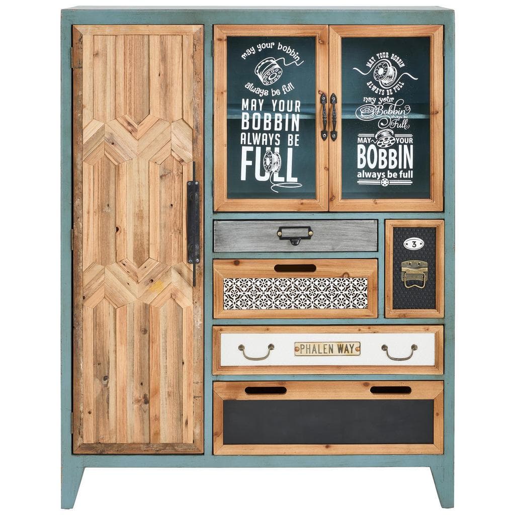 Landscape Kommode Braun, Natur, Schwarz, Weiß, Blaugrau Holz Tanne Massiv 3 Fächer 5 Schubladen