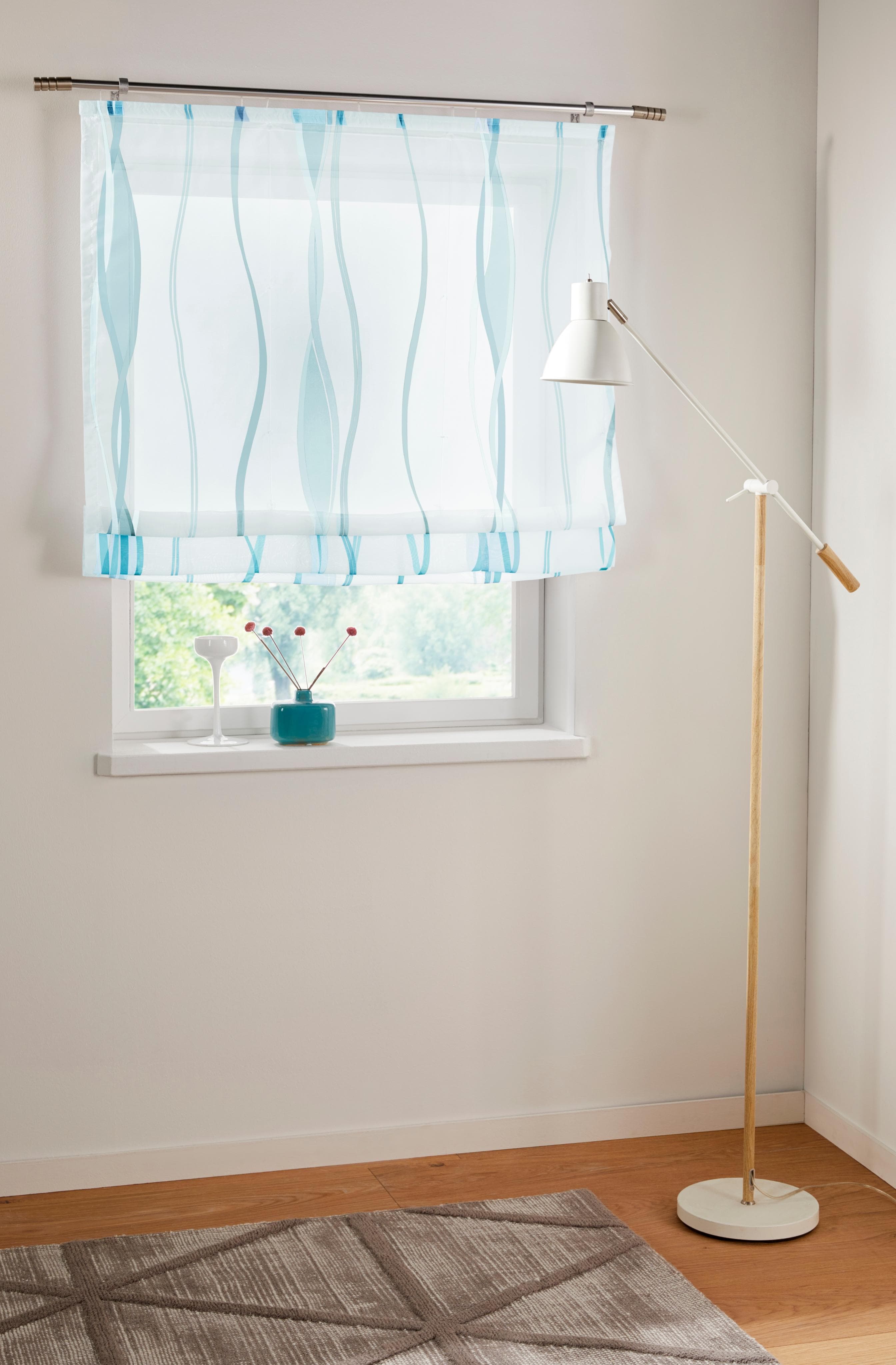 Raffrollo aus Polyester und Voile in Weiß und Petrol