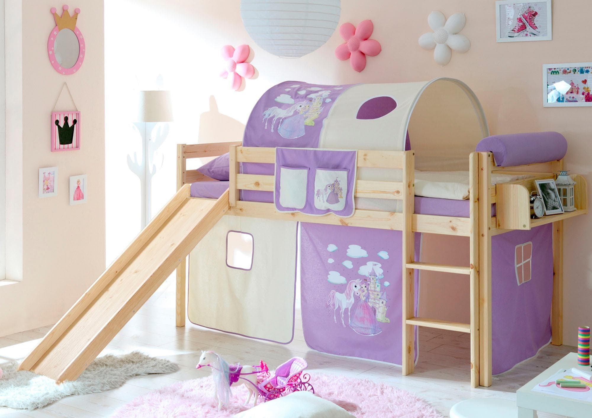 Massives Holz Hochbett mit Rollrost und Textil-Set - Optional mit Matratze